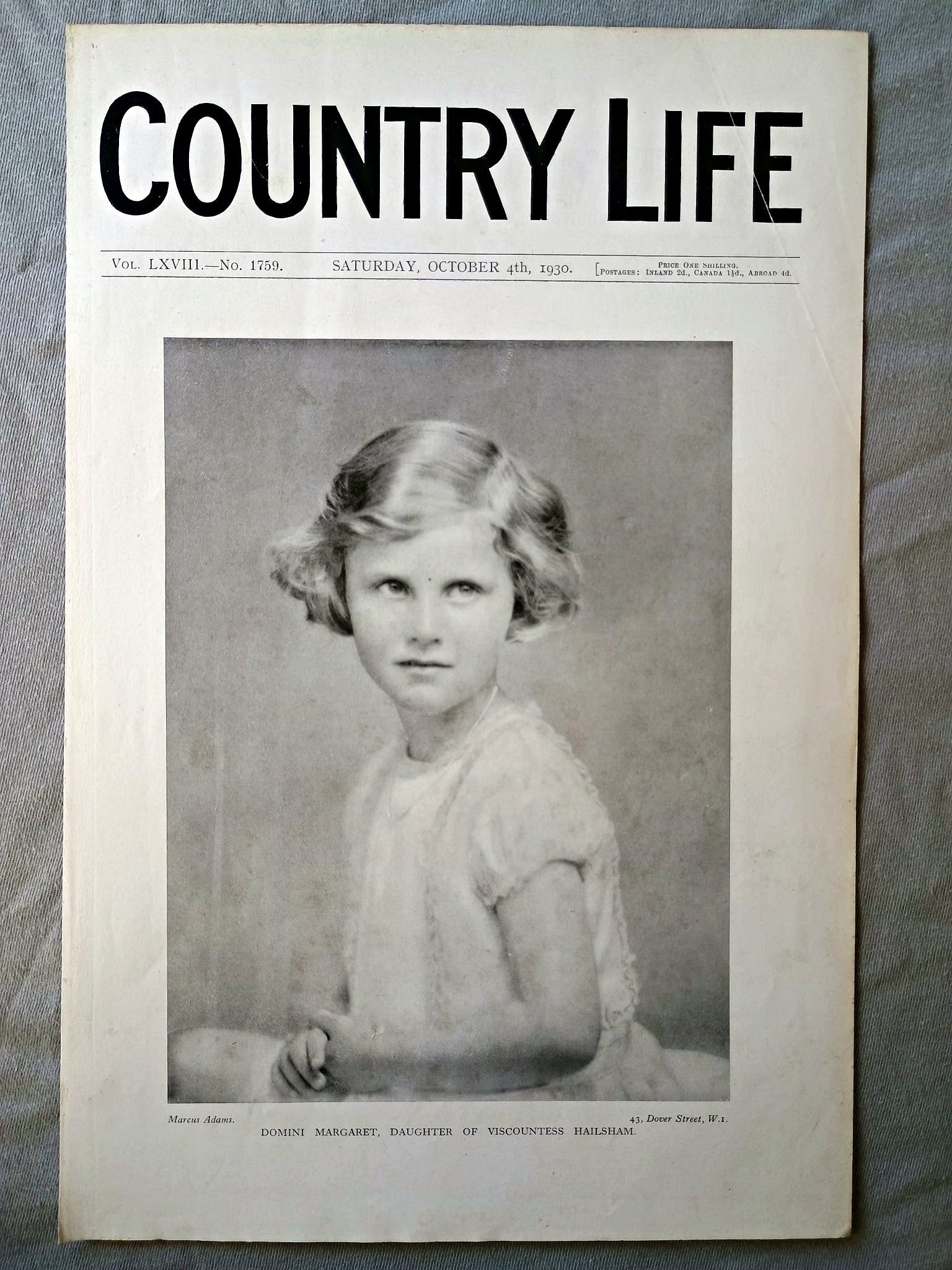 Domini Margaret Lawrence Country Life Magazine Portrait, Frontispiece, October 4 1930. LXVIII No. 1759

The featured frontispiece this week is a portrait of Domini Margaret, daughter of Viscountess Hailsham and the late Hon. Alfred Clive Lawrence, C.B.Е.