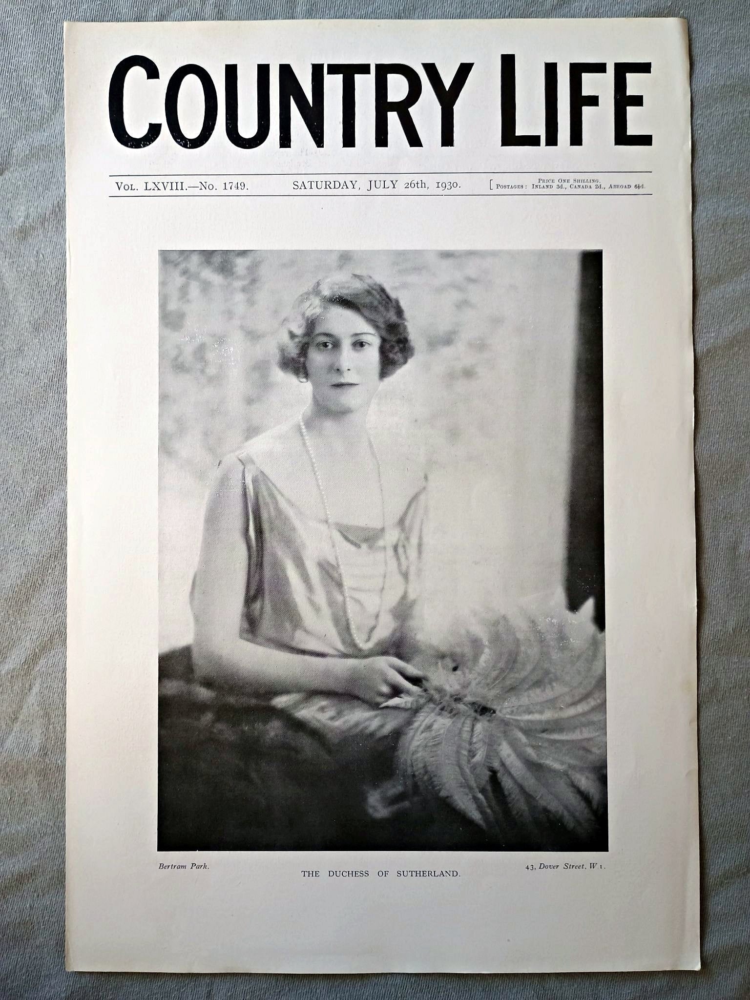 The Duchess of Sutherland Country Life Magazine Portrait, Frontispiece, July 26 1930. LXVIII No. 1749

Our frontispiece this week is a portrait of the Duchess of Sutherland (Eileen Sutherland-Leveson-Gower), who is the elder daughter of the seventh Earl of Lanesborough, and was married in 1912 to the Duke of Sutherland.