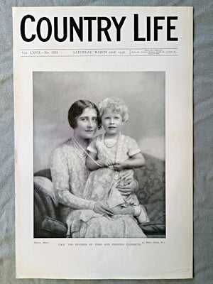 HRH The Duchess of York and Princess Elizabeth Country Life Magazine Portrait, Frontispiece, March 22 1930. LXVII No. 1731

The portrait featured is of, The Duchess of York, later Queen Elizabeth, The Queen Mother and her daughter, Princess Elizabeth, later Queen Elizabeth II.