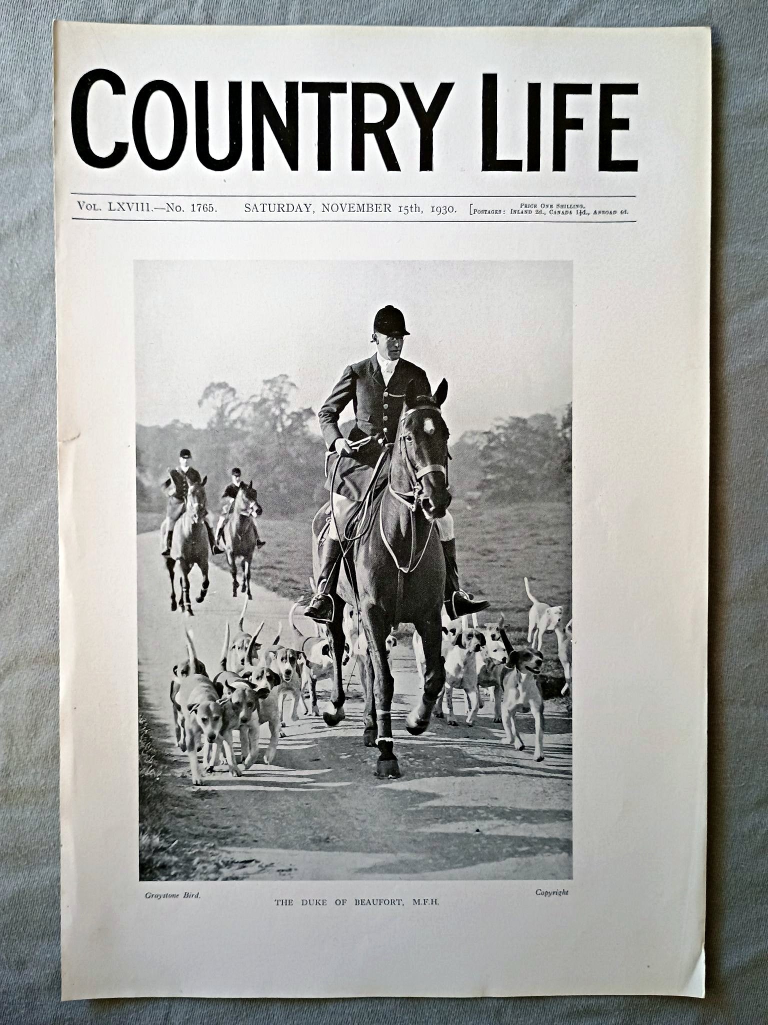 The Duke of Beaufort, Henry Hugh Arthur FitzRoy Somerset Country Life Magazine Portrait, Frontispiece, November 15 1930. LXVIII No. 1765

The featured frontispiece this week is a photograph of the Duke of Beaufort, M.F.H., taken at a recent meet of the Badminton Hunt. The abbreviation M.F.H. stands for Master of Foxhounds.