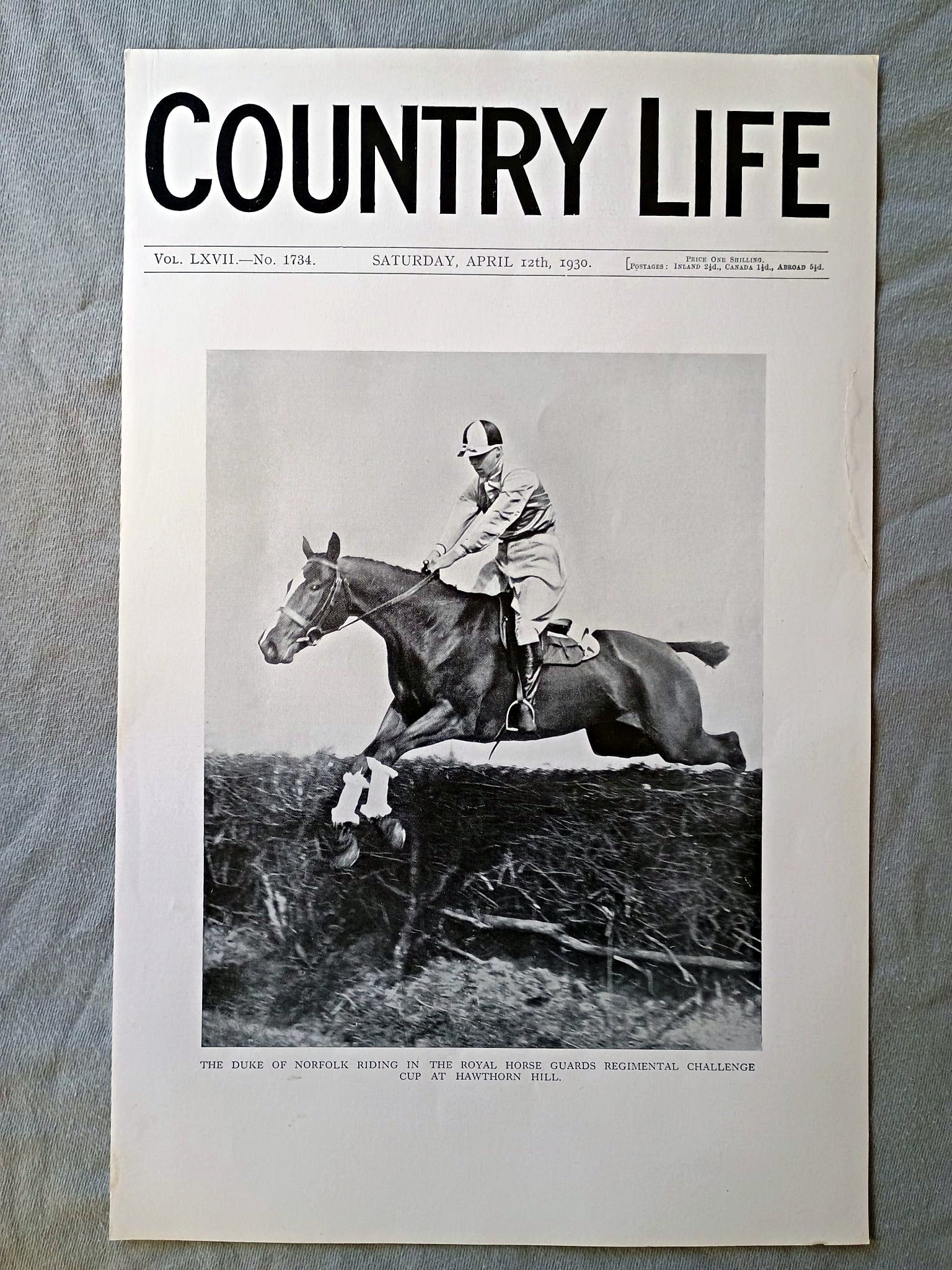 The Duke of Norfolk, Bernard Fitzalan-Howard Country Life Magazine Portrait, Frontispiece, April 12 1930. LXVII No. 1734

The frontispiece shows Bernard Fitzalan-Howard, the 16th Duke of Norfolk, participating in the&nbsp;Royal Horse Guards Regimental Challenge Cup. The event took place at&nbsp;Hawthorn Hill, a popular racecourse near Maidenhead, Berkshire, which was a hub for steeplechasing and point-to-point racing in the early 20th century. The 16th Duke of Norfolk, who served as Earl Marshal for 58 year