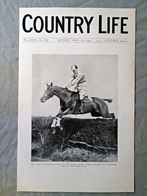 The Duke of Norfolk, Bernard Fitzalan-Howard Country Life Magazine Portrait, Frontispiece, April 12 1930. LXVII No. 1734

The frontispiece shows Bernard Fitzalan-Howard, the 16th Duke of Norfolk, participating in the&nbsp;Royal Horse Guards Regimental Challenge Cup. The event took place at&nbsp;Hawthorn Hill, a popular racecourse near Maidenhead, Berkshire, which was a hub for steeplechasing and point-to-point racing in the early 20th century. The 16th Duke of Norfolk, who served as Earl Marshal for 58 year
