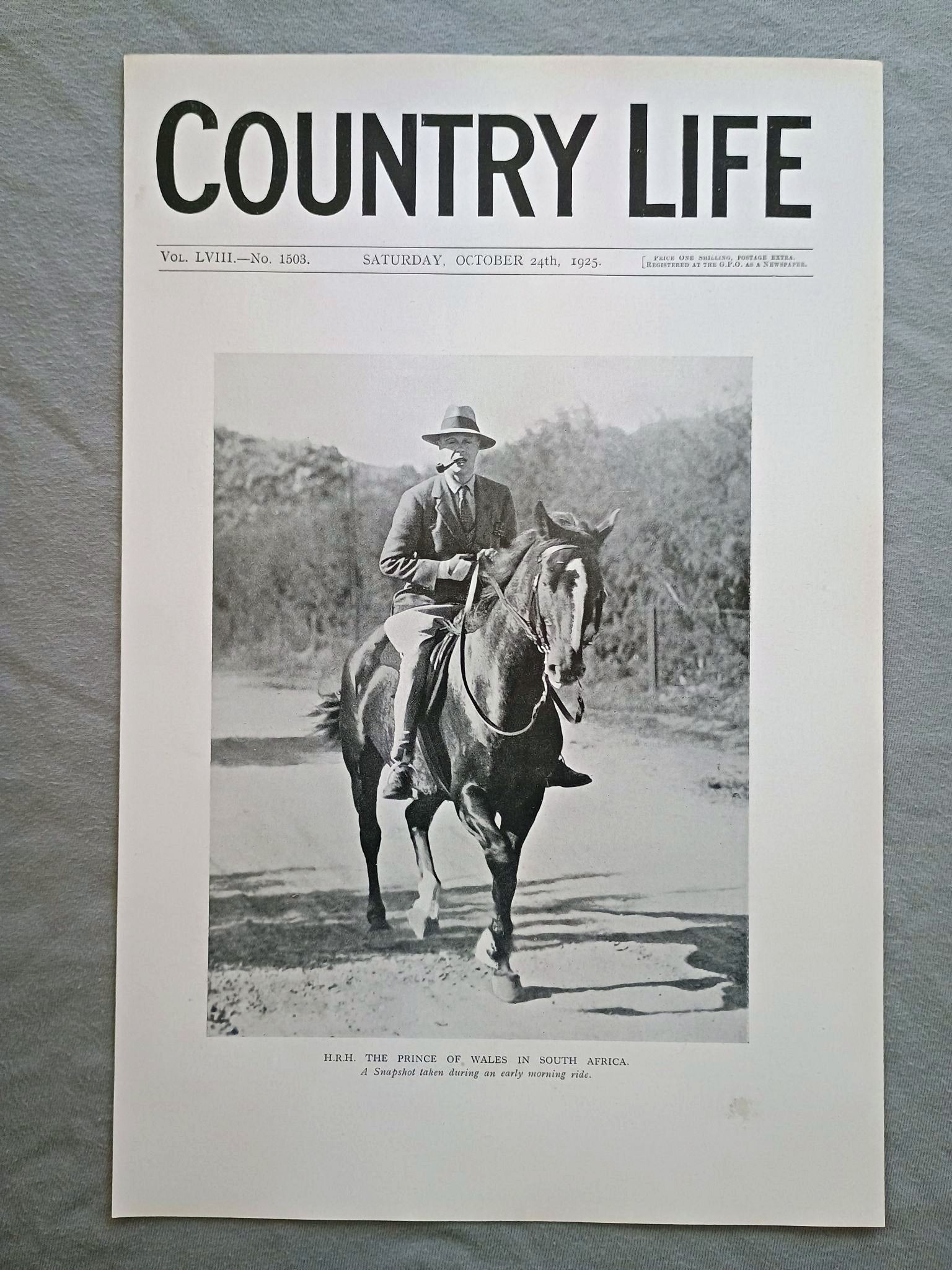 Edward Prince of Wales Country Life Magazine Portrait, Frontispiece, October 24 1925. LVIII No. 1503

The featured frontispiece is a portrait of H.R.H. The Prince of Wales in South Africa