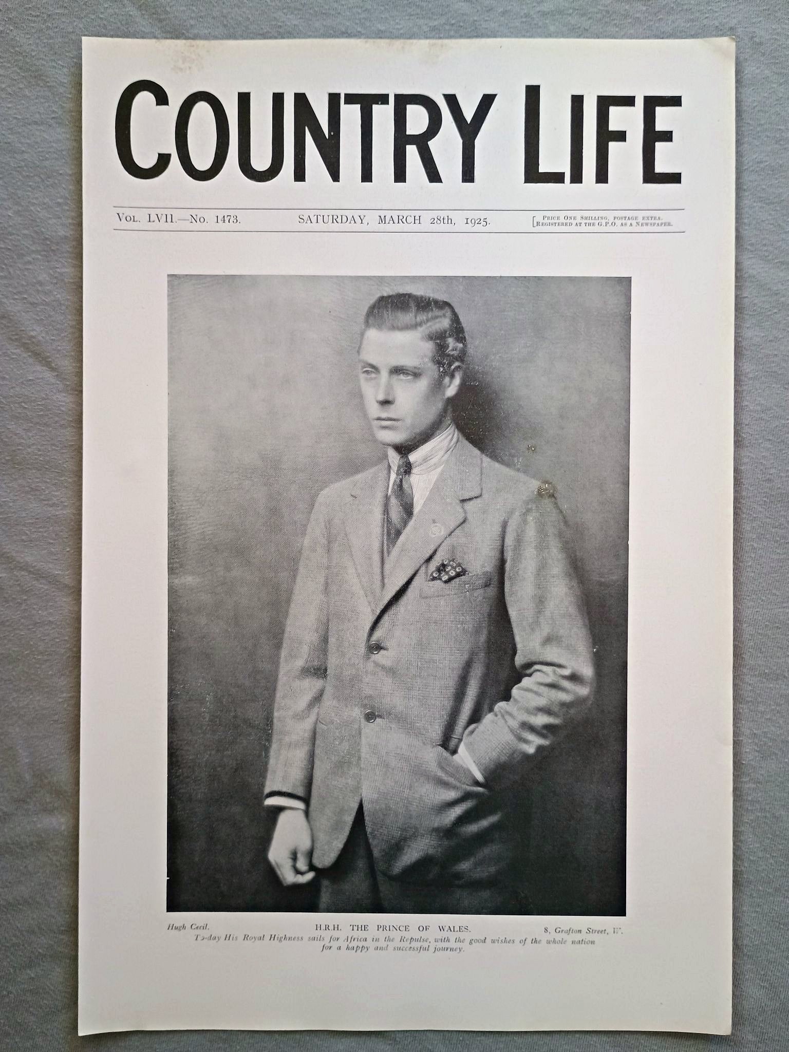 The Prince of Wales, Edward VIII Country Life Magazine Portrait, Frontispiece, March 28 1925. LVII No. 1473

The featured frontispiece this week is a portrait of H.R.H The Prince of Wales