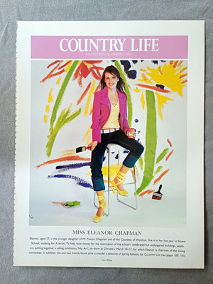 Miss Eleanor Chapman - Eleanor, aged 17, is the younger daughter of Mr Francis Chapman and of the Countess of Woolton. She is in her last year at Stowe School, studying for A levels. To help raise money for the restoration of the school's celebrated but endangered buildings, pupils are putting together a selling exhibition, 'Hip Art', on show at Christie's, March 10-17, for which Eleanor is chairman of the young committee. In addition, she and two friends found time to model a selection of spring fashions.