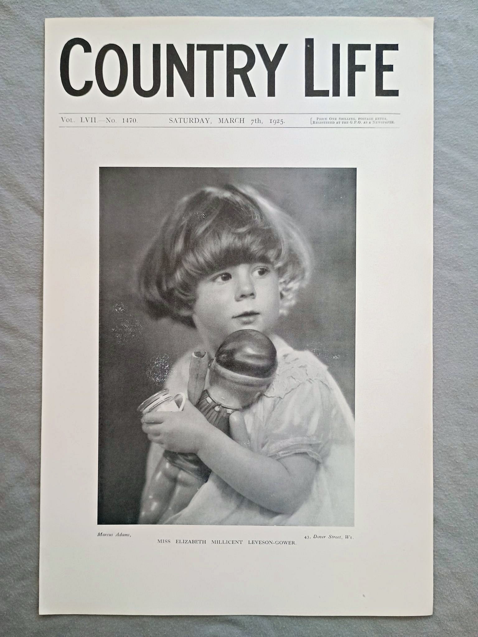 Miss Elizabeth Millicent Leveson-Gower Country Life Magazine Portrait, Frontispiece, March 7 1925. LVII No. 1470

The featured frontispiece this week is a portrait of Miss Elizabeth Millicent Leveson-Gower