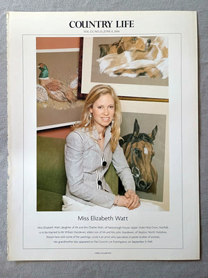 Miss Elizabeth Watt, daughter of Mr and Mrs Charles Watt, of Narborough House, Upper Stoke Holy Cross, Norfolk, is to be married to Mr William Standeven, eldest son of Mr and Mrs John Standeven, of Skipton, North Yorkshire. Shown here with some of her paintings, Lizzie is an artist who specialises in pastel studies of animals. Her grandmother also appeared on the COUNTRY LIFE frontispiece, on September 9, 1949.