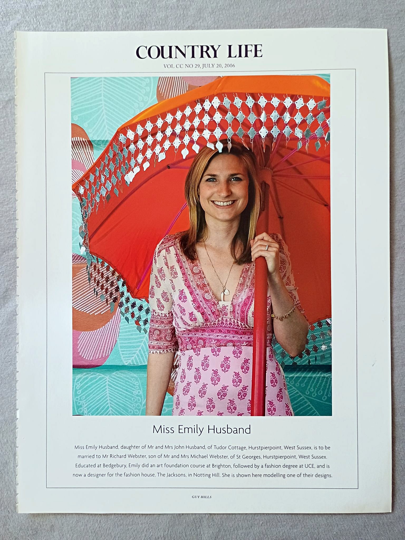 Miss Emily Husband, daughter of Mr and Mrs John Husband, of Tudor Cottage, Hurstpierpoint, West Sussex, is to be married to Mr Richard Webster, son of Mr and Mrs Michael Webster, of St Georges, Hurstpierpoint, West Sussex. Educated at Bedgebury, Emily did an art foundation course at Brighton, followed by a fashion degree at UCE, and is now a designer for the fashion house, The Jacksons, in Notting Hill. She is shown here modelling one of their designs.