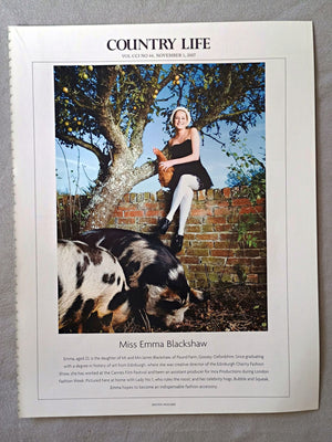Miss Emma Blackshaw - Emma, aged 23, is the daughter of Mr and Mrs James Blackshaw, of Pound Farm, Goosey, Oxfordshire. Since graduating with a degree in history of art from Edinburgh, where she was creative director of the Edinburgh Charity Fashion Show, she has worked at the Cannes Film Festival and been an assistant producer for Inca Productions during London Fashion Week. Pictured here at home with Lady No 1, who rules the roost, and her celebrity hogs, Bubble and Squeak.