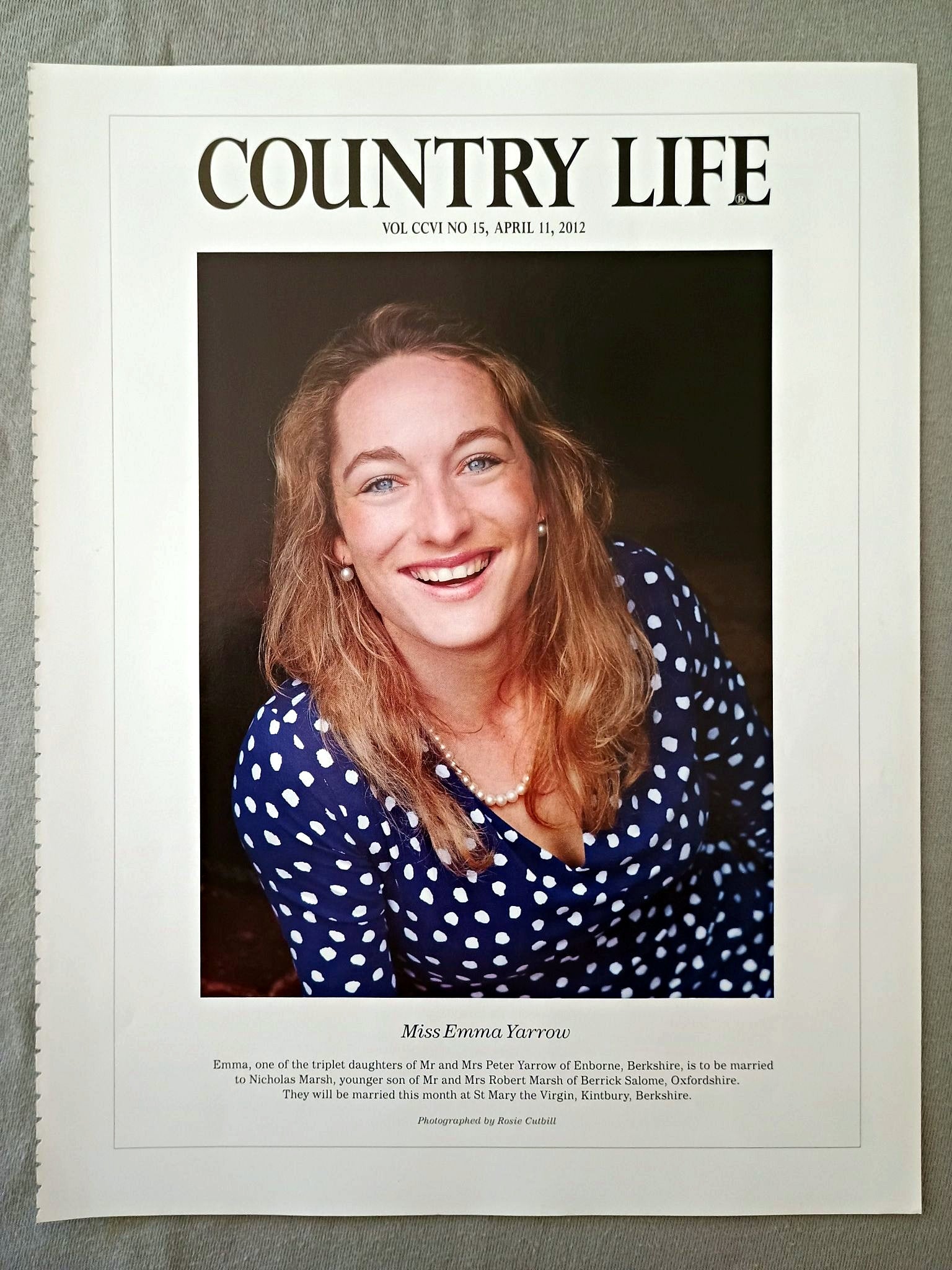 Miss Emma Yarrow - Emma, one of the triplet daughters of Mr and Mrs Peter Yarrow of Enborne, Berkshire, is to be married to Nicholas Marsh, younger son of Mr and Mrs Robert Marsh of Berrick Salome, Oxfordshire. They will be married this month at St Mary the Virgin, Kintbury, Berkshire.
