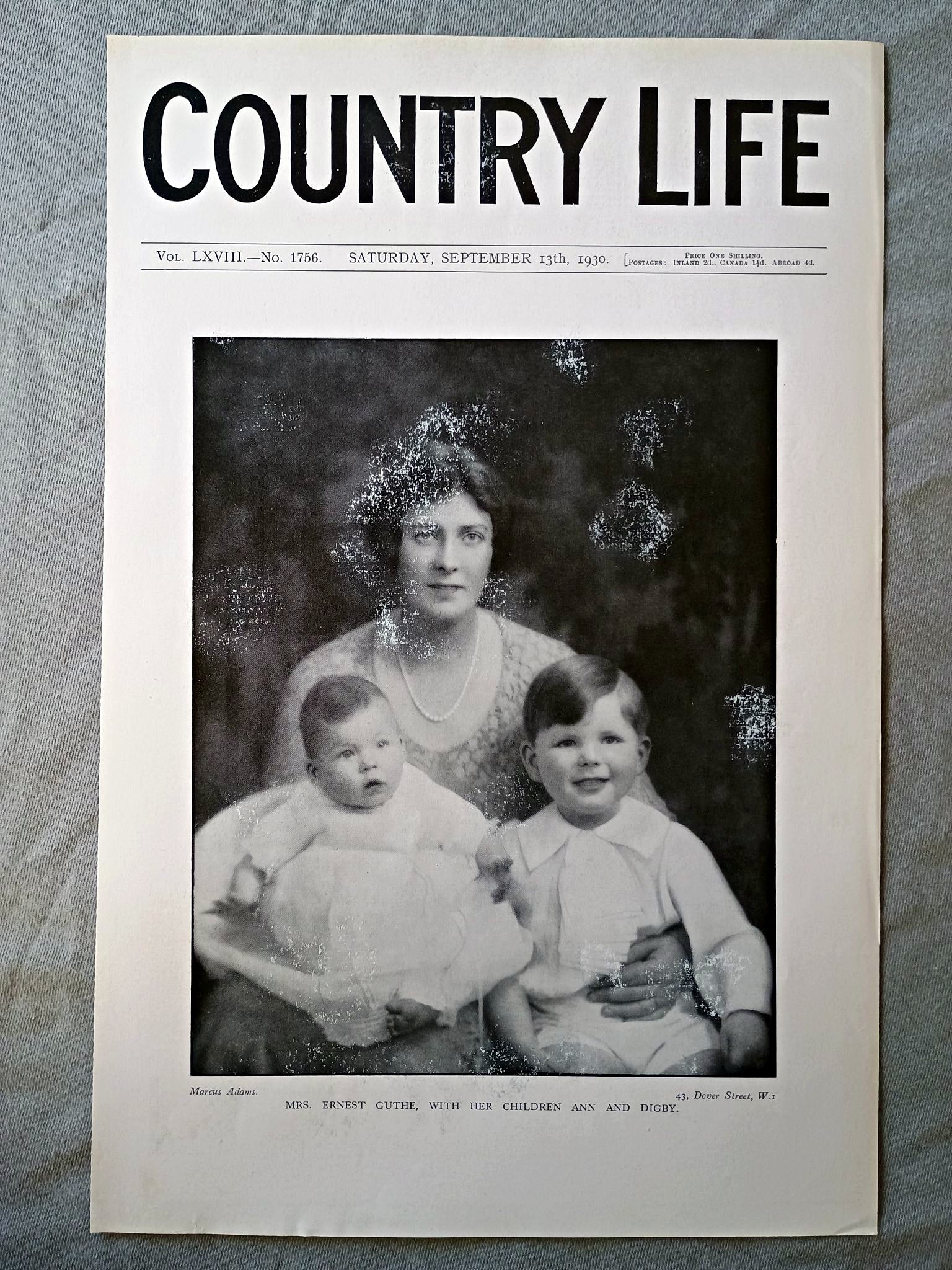 Mrs. Ernest Guthe nee Dorothy Renwick Country Life Magazine Portrait, Frontispiece, September 13 1930. LXVIII No. 1756

Our frontispiece this week is a portrait of Mrs. Ernest Guthe nee Dorothy Renwick, wife of Mr. Ernest Guthe of Kepwick Hall, Yorkshire, with her two children, Ann and Digby. Mrs. Guthe is the daughter of Sir Harry Renwick.