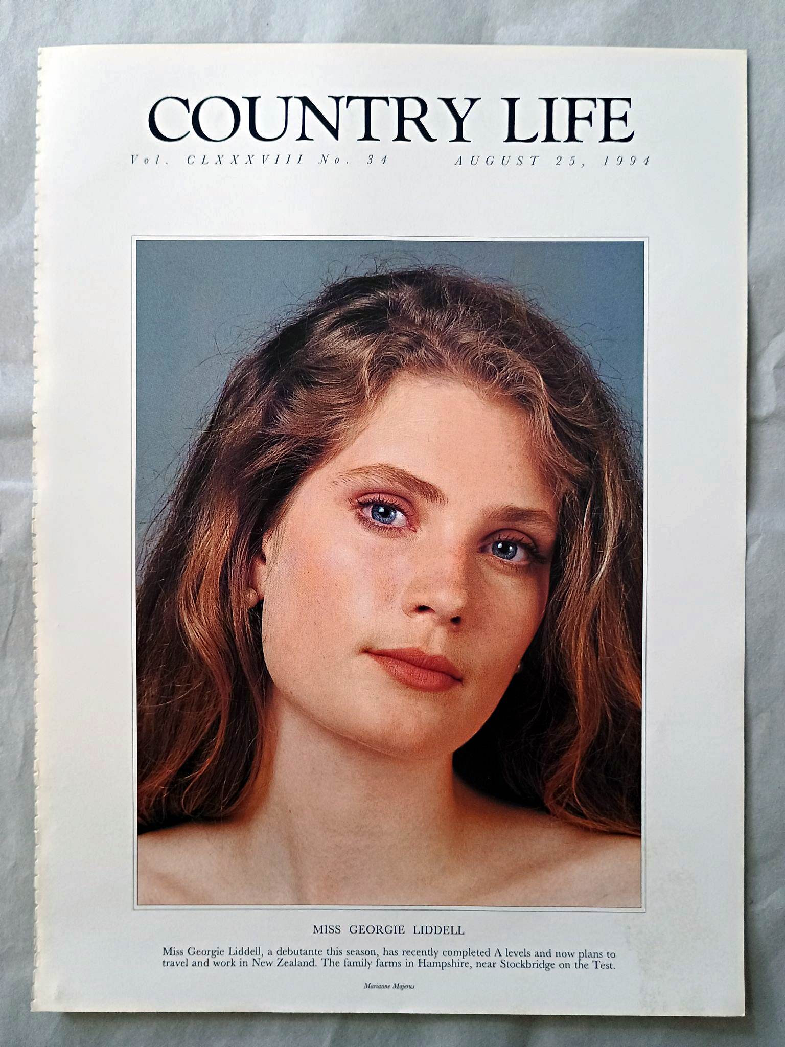 Georgie Liddell Country Life Magazine Portrait August 25, 1994. CLXXXVIII No. 34

Miss Georgie Liddell, a debutante this season, has recently completed A levels and now plans to travel and work in New Zealand. The family farms in Hampshire, near Stockbridge on the Test.