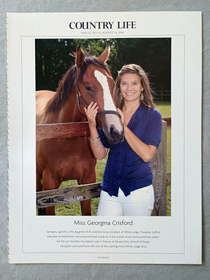 Miss Georgina Crisford - Georgina, aged 18, is the daughter of Mr and Mrs Simon Crisford, of White Lodge, Cheveley, Suffolk. Educated at Heathfield-she achieved three Grade As in her A level results announced last week-she has just started a foundation year in fine art at Parsons Paris School of Design. Georgina is pictured here with one of the yearlings from White Lodge Stud.
