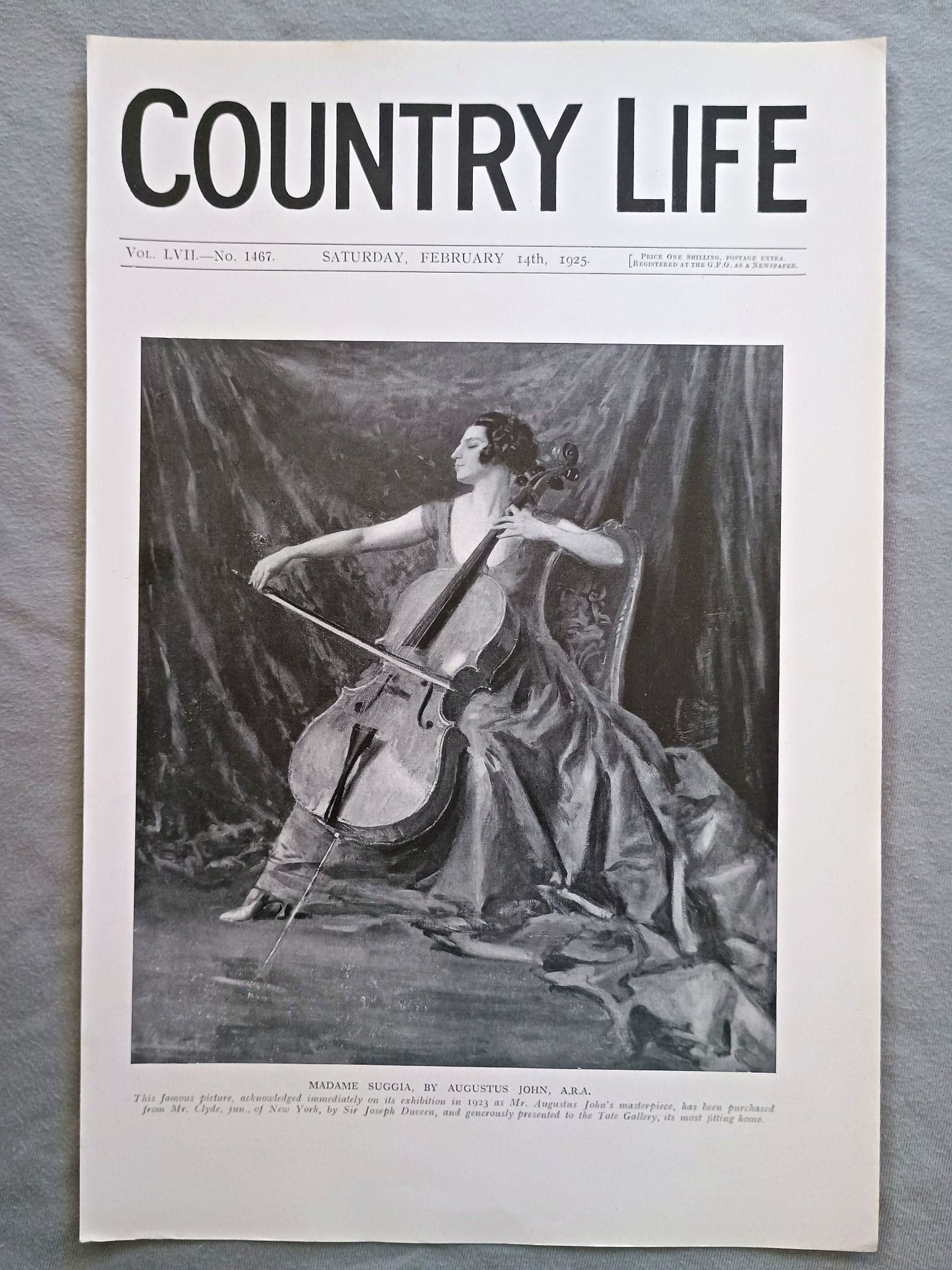 Madame Guilhermina Suggia Country Life Magazine Portrait, Frontispiece, February 14 1925. LVII No. 1467

The featured frontispiece this week is a portrait of Madame Suggia, by Augustus John