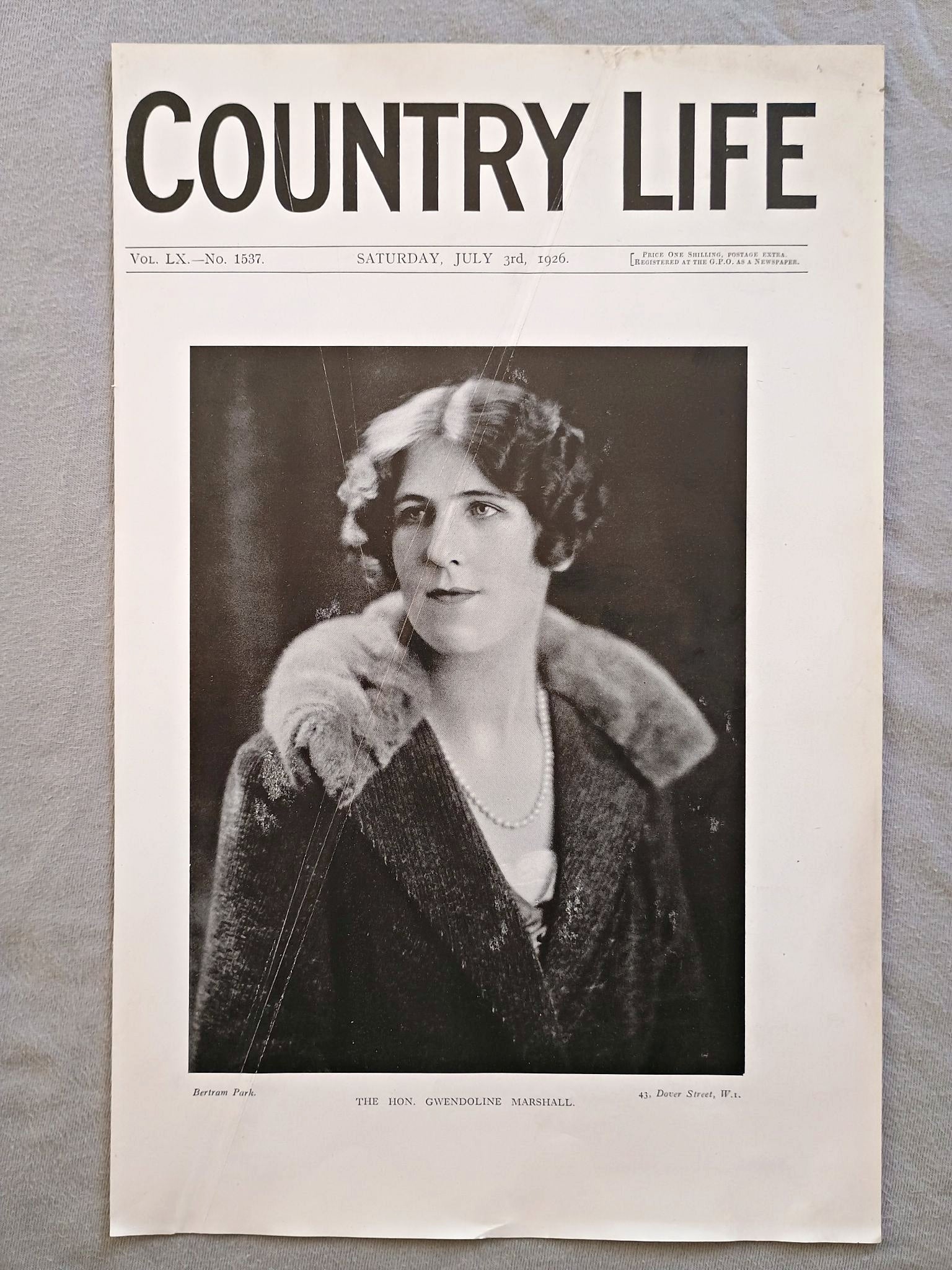 The Hon. Gwendoline Brooks Marshall Country Life Magazine Portrait, Frontispiece, July 3 1926. LX No. 1537

The featured frontispiece this week is a portrait of the Hon. Gwendoline Marshall