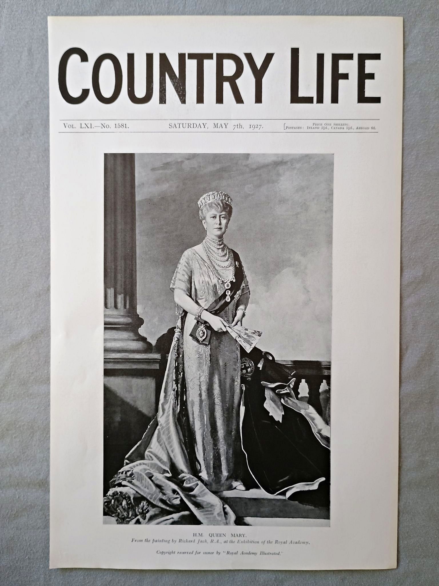 H.M. Queen Mary Country Life Magazine Portrait, Frontispiece, May 7 1927. LXI No. 1581

Our frontispiece this week is H.M. Queen Mary - From the painting by Richard Jack, R.A., at the Exhibition of the Royal Academy.