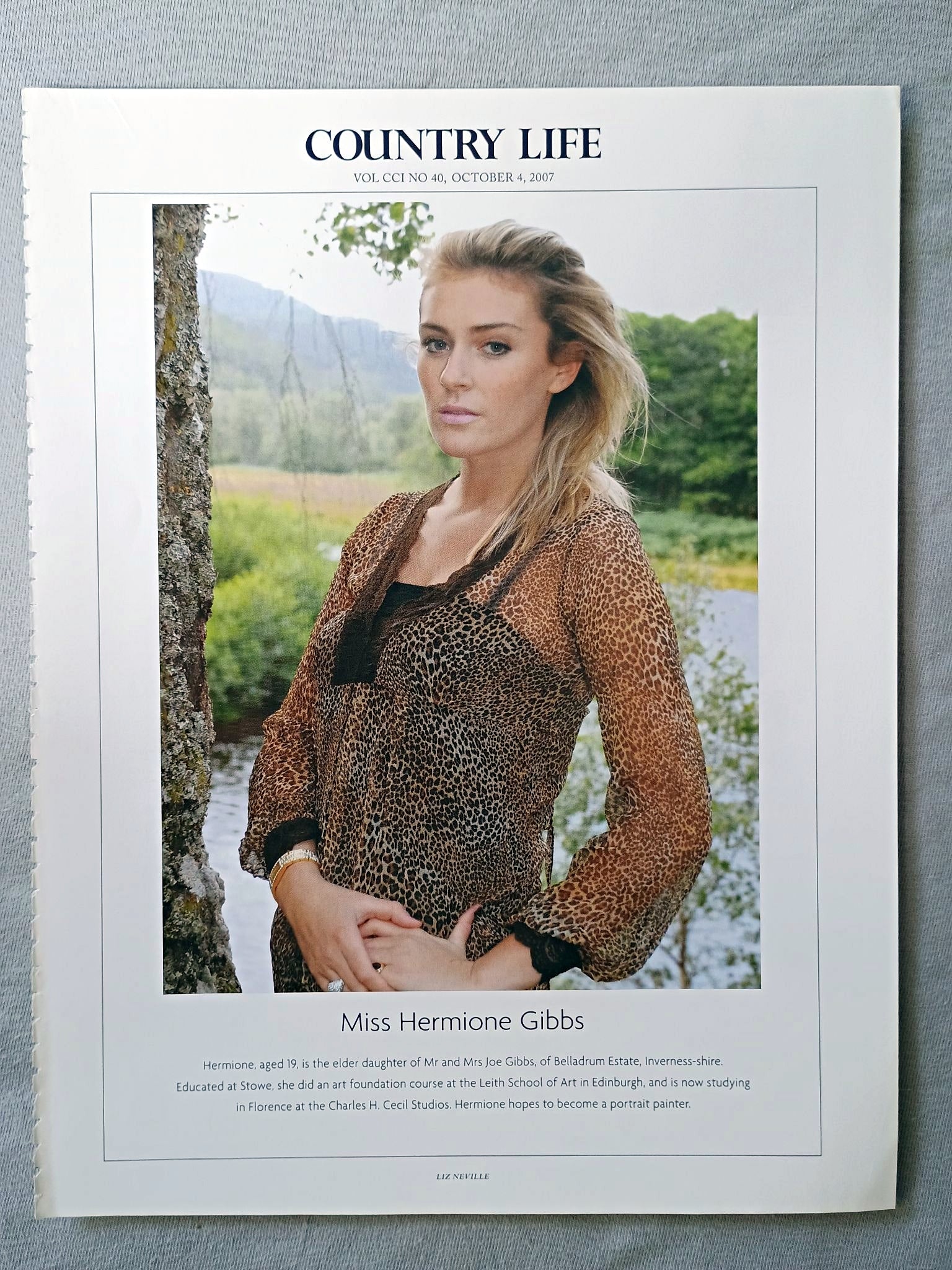 Miss Hermione Gibbs - Hermione, aged 19, is the elder daughter of Mr and Mrs Joe Gibbs, of Belladrum Estate, Inverness-shire. Educated at Stowe, she did an art foundation course at the Leith School of Art in Edinburgh, and is now studying in Florence at the Charles H. Cecil Studios. Hermione hopes to become a portrait painter.