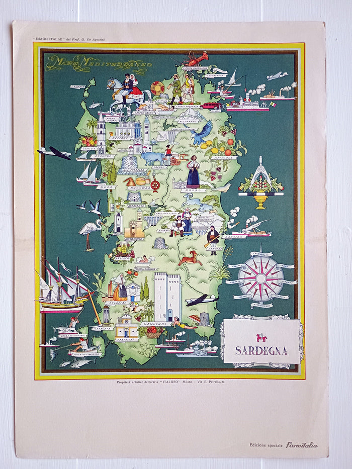 1951 Sardegna Sardinia Italy Pictorial Map De Agostini