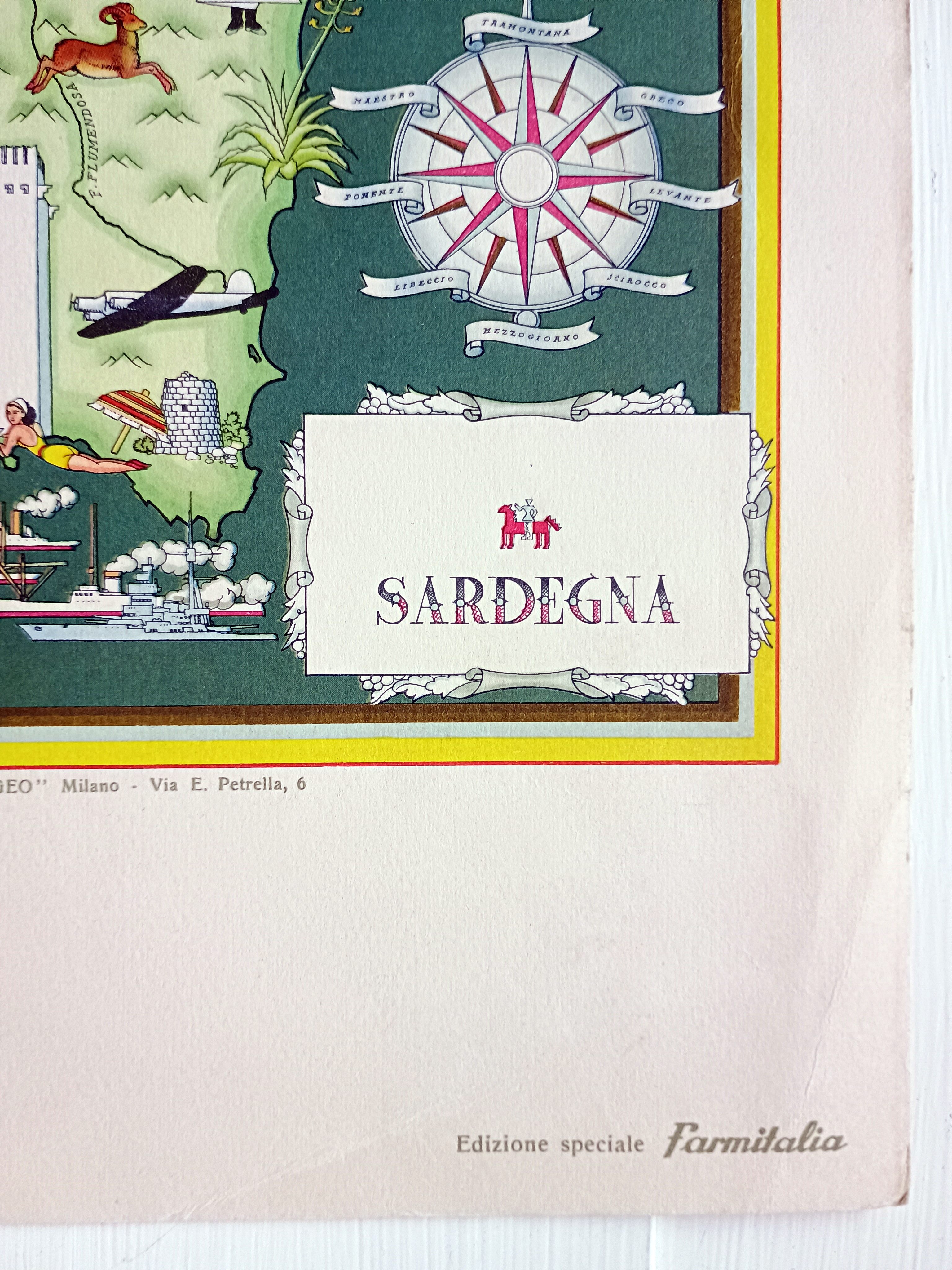 1951 Sardegna Sardinia Italy Pictorial Map De Agostini
