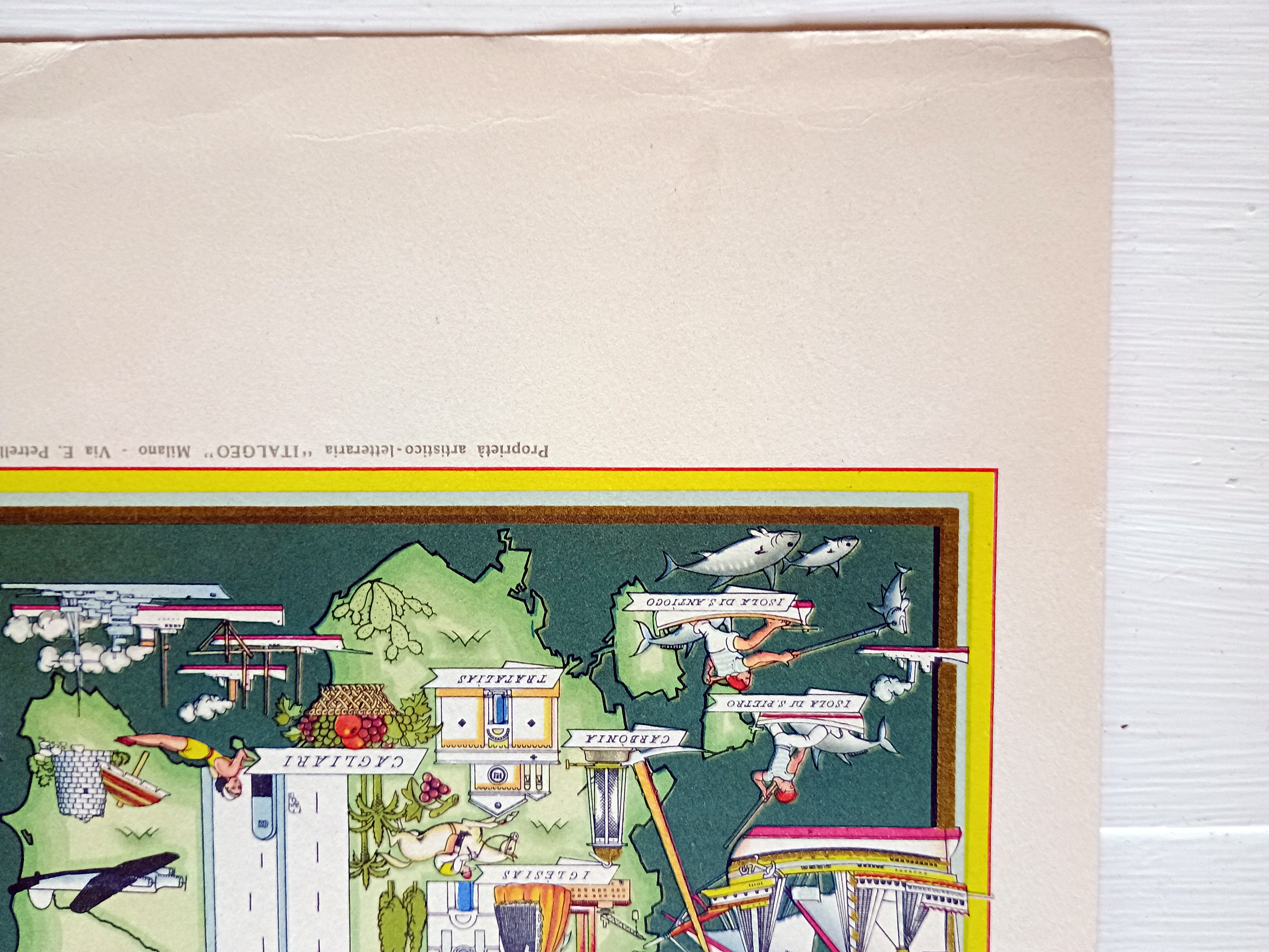 1951 Sardegna Sardinia Italy Pictorial Map De Agostini