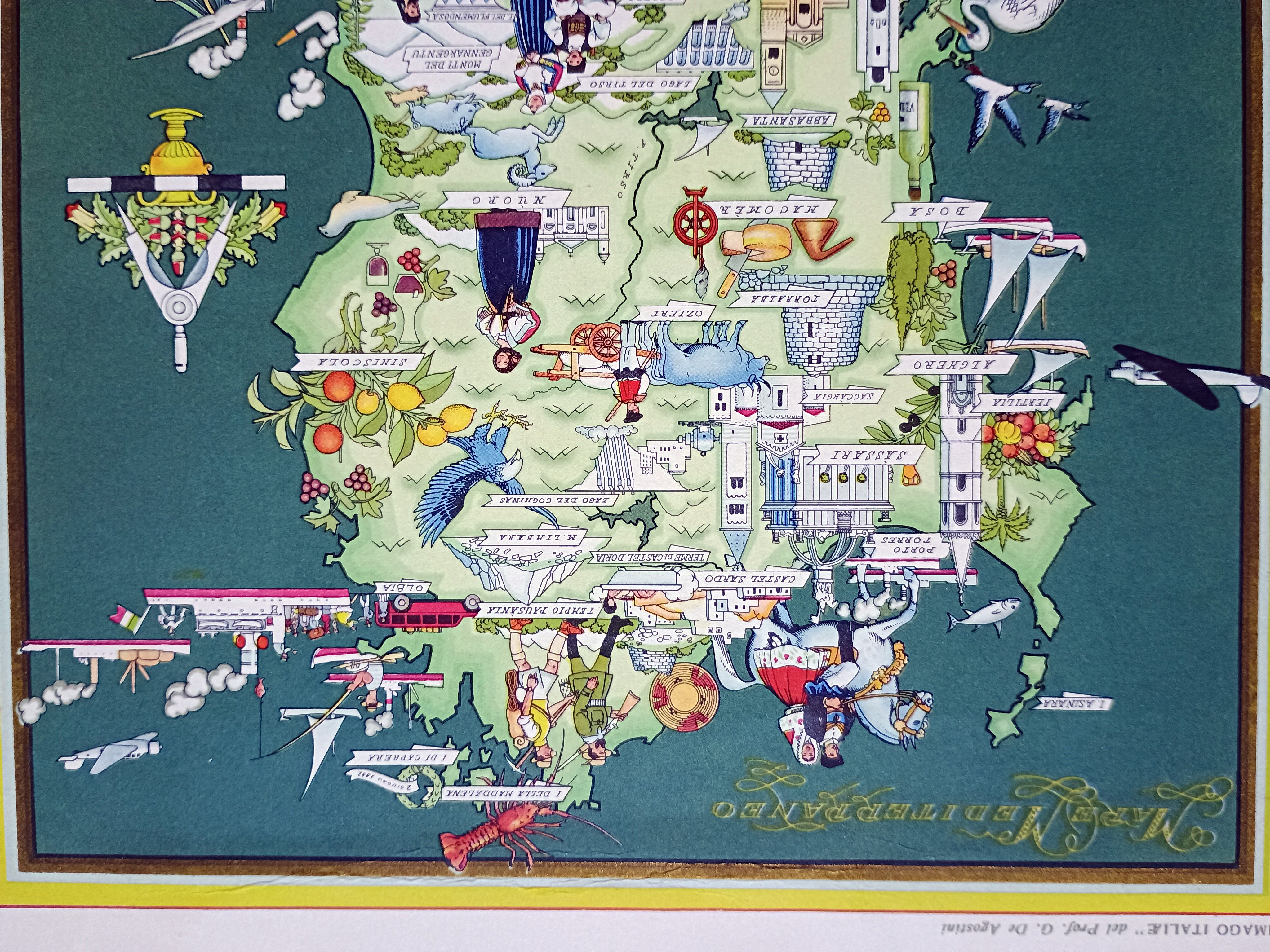 1951 Sardegna Sardinia Italy Pictorial Map De Agostini