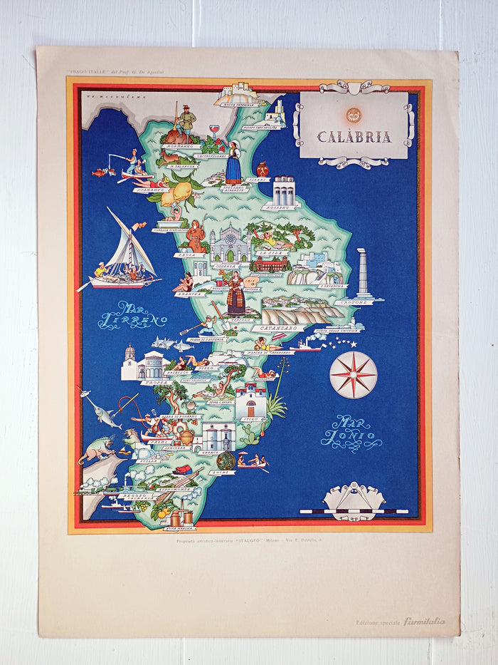 1950 Calabria, Italy Pictorial Map De Agostini