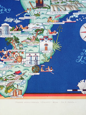 1950 Calabria, Italy Pictorial Map De Agostini