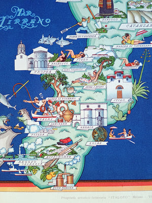 1950 Calabria, Italy Pictorial Map De Agostini