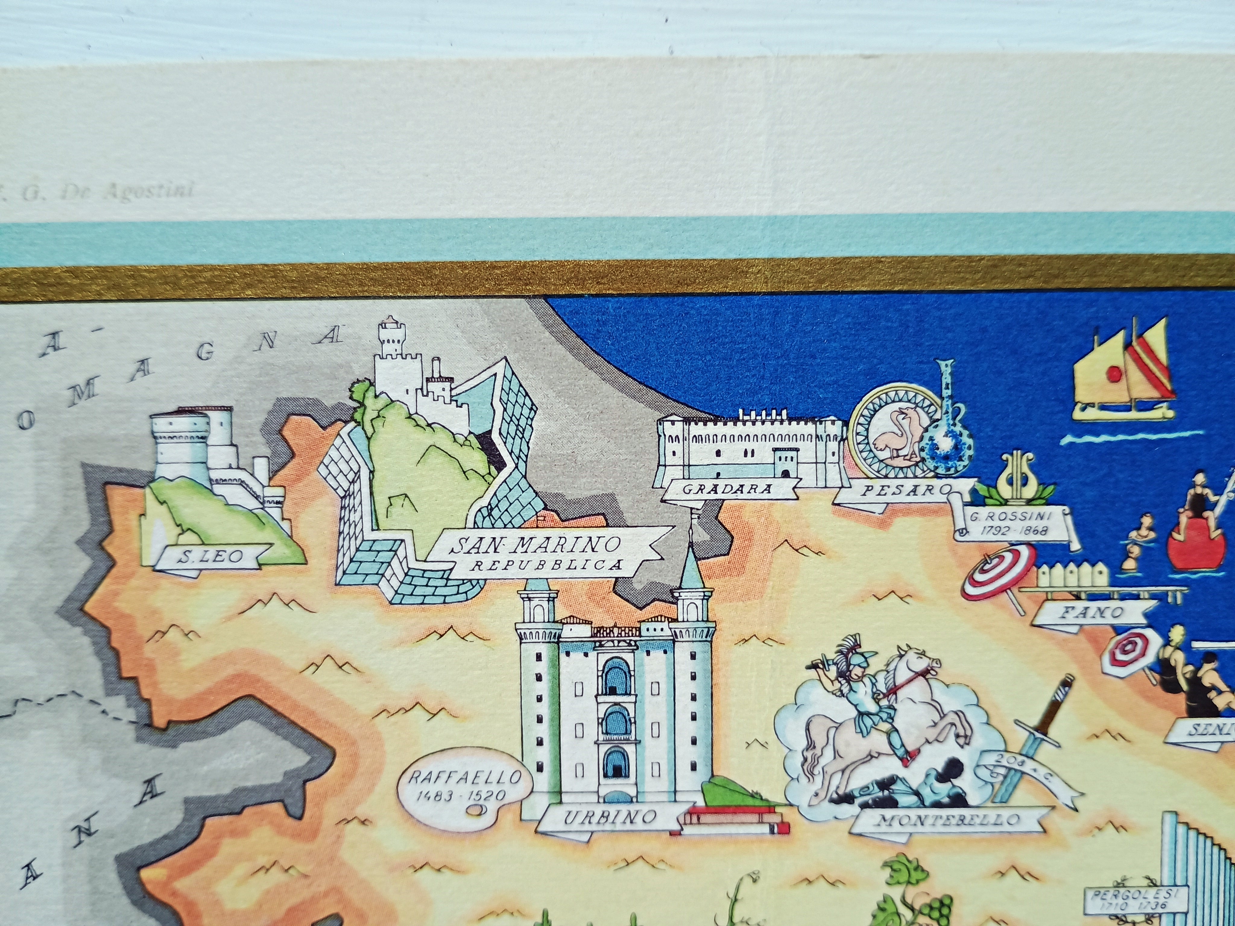 1950 Marche e San Marino, Italy Pictorial Map De Agostini