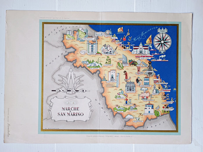 1950 Marche e San Marino, Italy Pictorial Map De Agostini