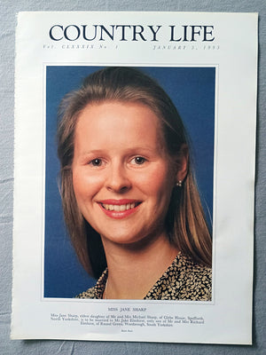 Jane Sharp Country Life Magazine Portrait January 5, 1995. CLXXXIX No. 1

Miss Jane Sharp, eldest daughter of Mr and Mrs Michael Sharp, of Glebe House, Spofforth, North Yorkshire, is to be married to Mr Jake Elmhirst, only son of Mr and Mrs Richard Elmhirst, of Round Green, Worsbrough, South Yorkshire