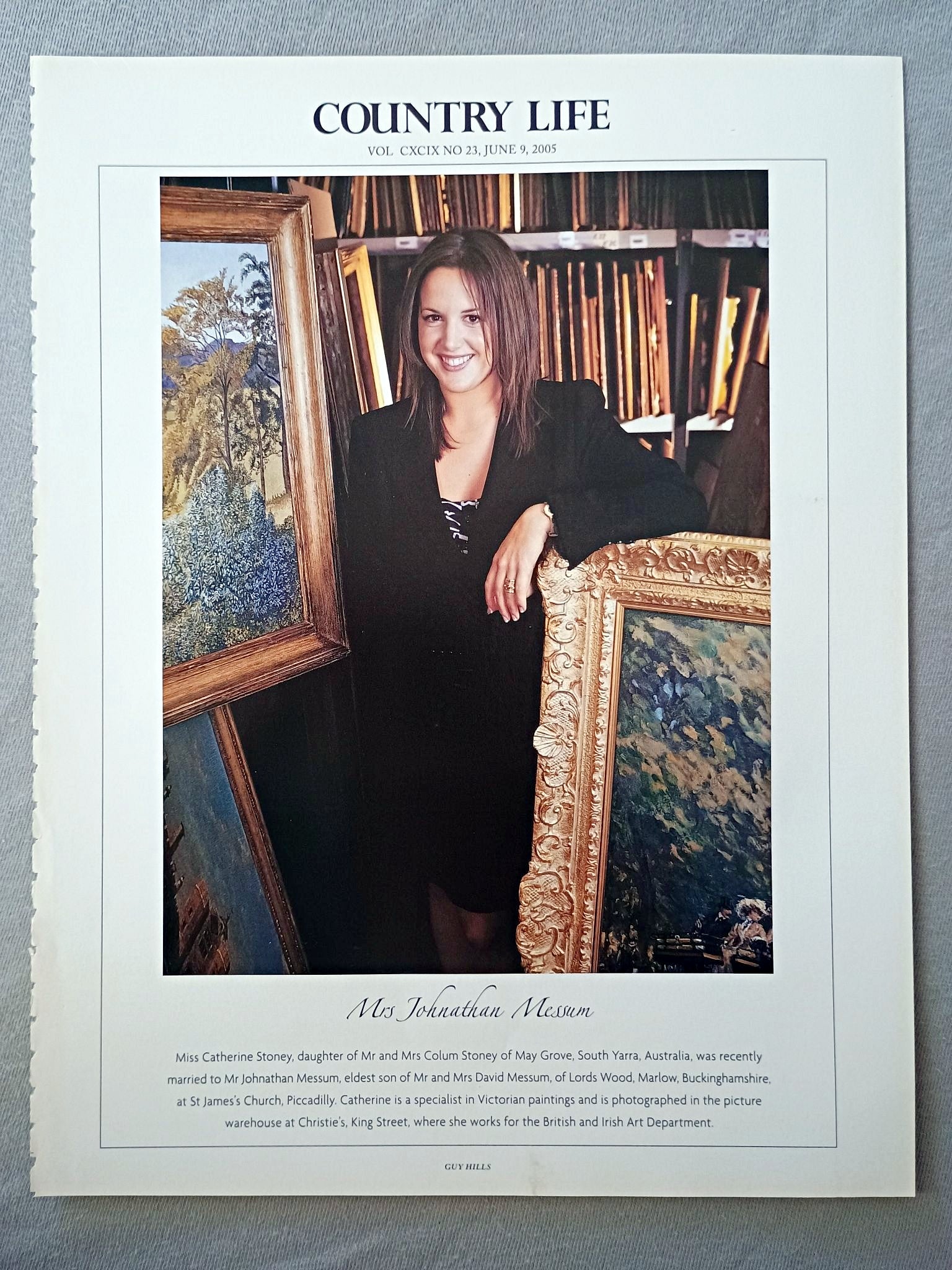 Mrs Johnathan Messum - Miss Catherine Stoney, daughter of Mr and Mrs Colum Stoney of May Grove, South Yarra, Australia, was recently married to Mr Johnathan Messum, eldest son of Mr and Mrs David Messum, of Lords Wood, Marlow, Buckinghamshire, at St James's Church, Piccadilly. Catherine is a specialist in Victorian paintings and is photographed in the picture warehouse at Christie's, King Street, where she works for the British and Irish Art Department.