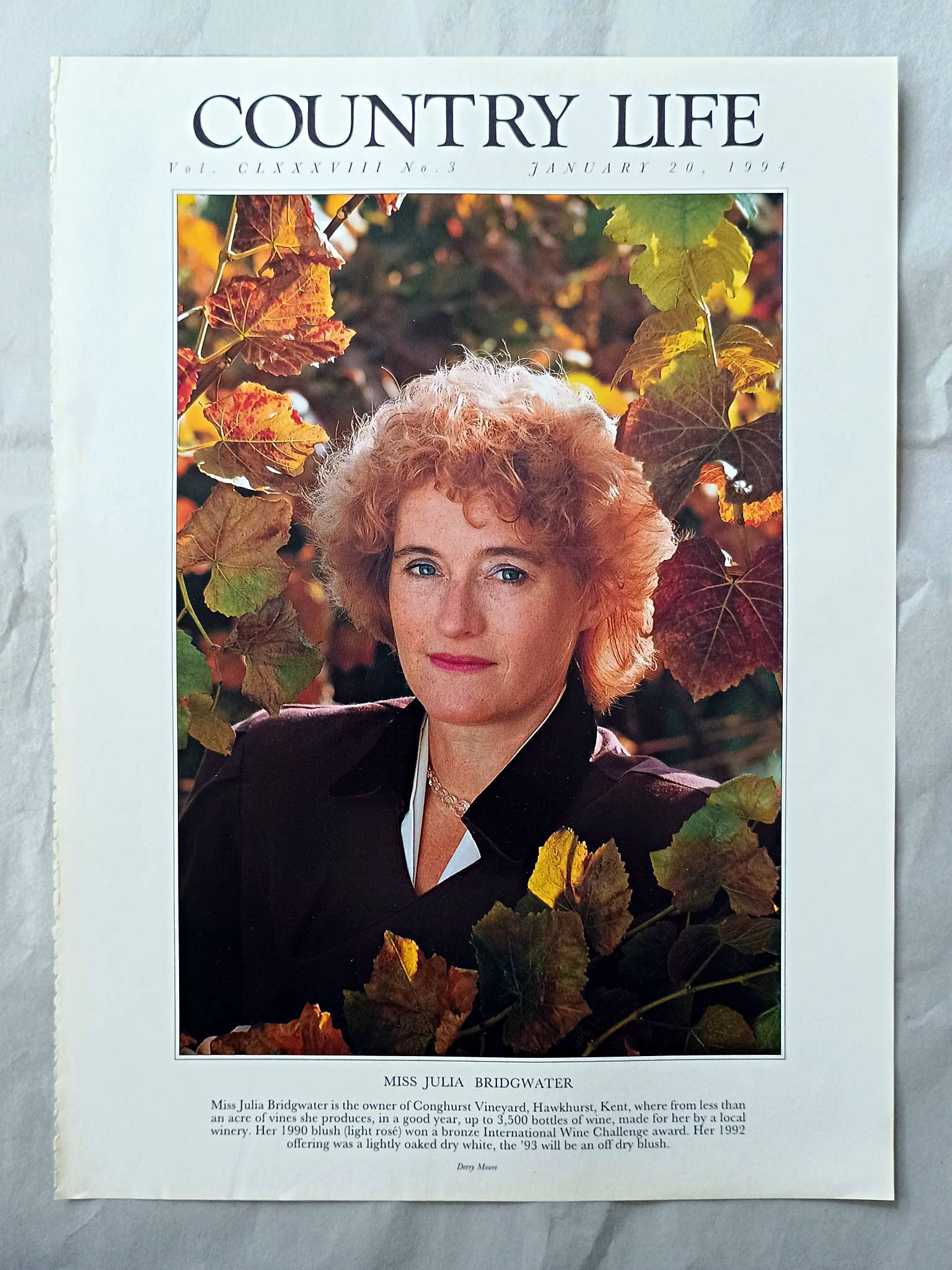 Julia Bridgwater Country Life Magazine Portrait January 20, 1994. CLXXXVIII No. 3

Miss Julia Bridgwater is the owner of Conghurst Vineyard, Hawkhurst, Kent, where from less than an acre of vines she produces, in a good year, up to 3,500 bottles of wine, made for her by a local winery. Her 1990 blush (light rosé) won a bronze International Wine Challenge award. Her 1992 offering was a lightly oaked dry white, the '93 will be an off dry blush