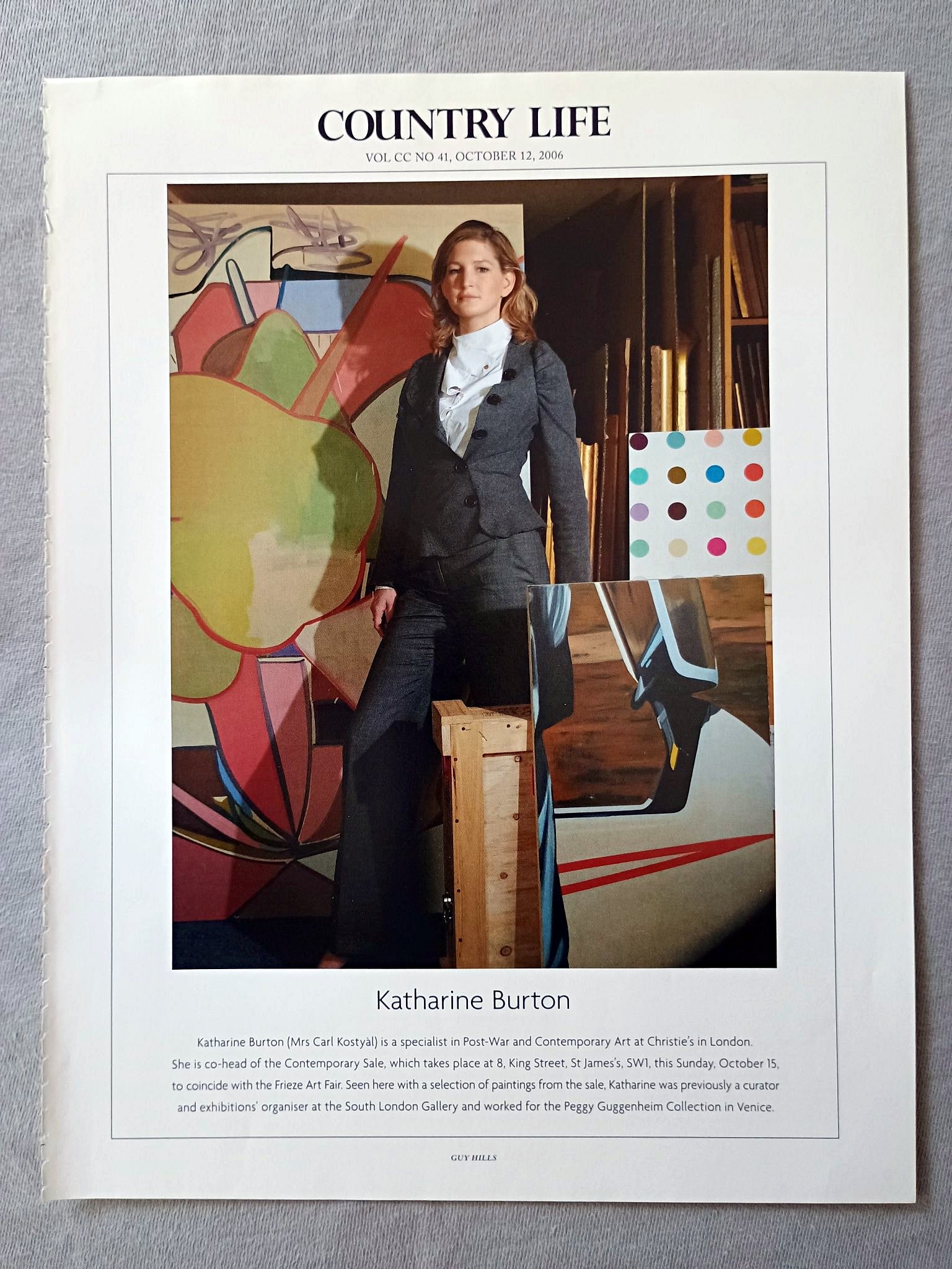 Katharine Burton (Mrs Carl Kostyal) is a specialist in Post-War and Contemporary Art at Christie's in London. She is co-head of the Contemporary Sale, which takes place at 8, King Street, St James's, SW1, this Sunday, October 15, to coincide with the Frieze Art Fair. Seen here with a selection of paintings from the sale, Katharine was previously a curator and exhibitions' organiser at the South London Gallery and worked for the Peggy Guggenheim Collection in Venice.