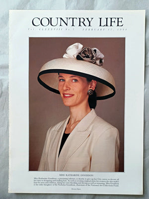 Katharine Goodison Country Life Magazine Portrait February 17, 1994. CLXXXVIII No. 7

Miss Katharine Goodison, a practising solicitor, is shortly to give up her City career to devote all her time to designing and making hats. As well as creating original styles for women she also makes hats for men and children, doing her own blocking and dyeing as well as trimming. Miss Goodison is the elder daughter of Sir Nicholas Goodison, chairman of the National Art Collections Fund