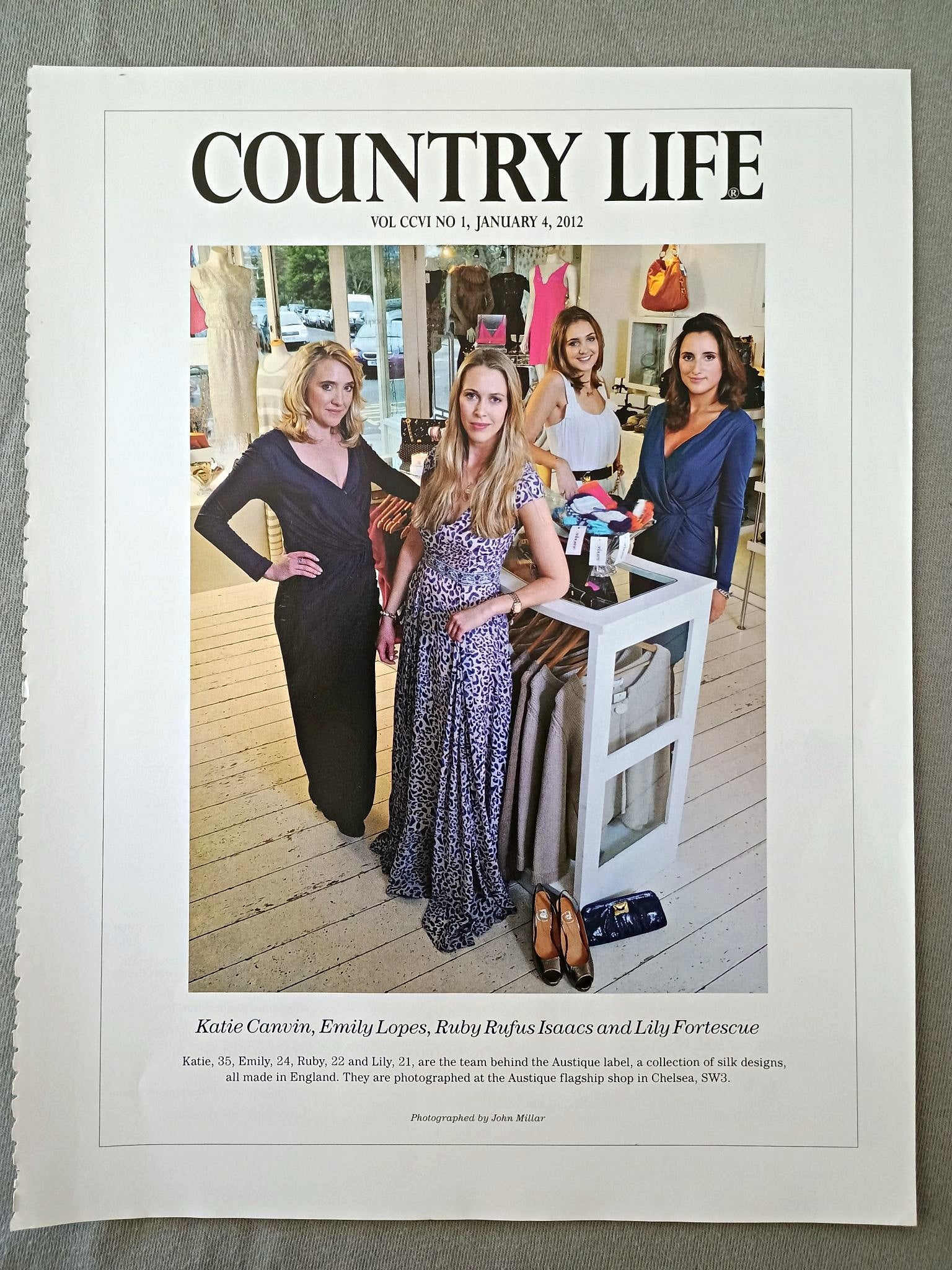 Katie Canvin, Emily Lopes, Ruby Rufus Isaacs and Lily Fortescue - Katie, 35, Emily, 24, Ruby, 22 and Lily, 21, are the team behind the Austique label, a collection of silk designs, all made in England. They are photographed at the Austique flagship shop in Chelsea, SW3.