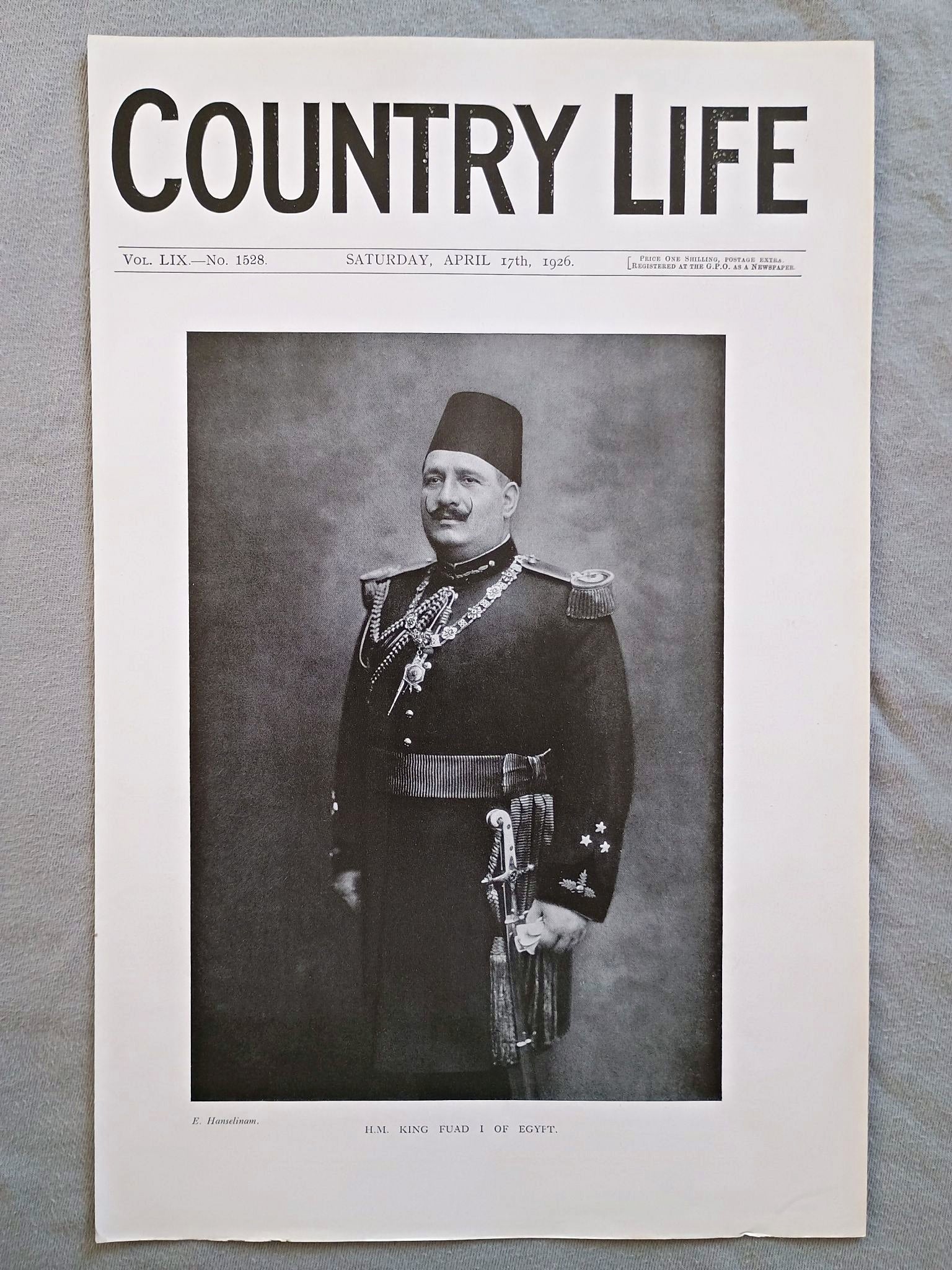 King Fuad I of Egypt Country Life Magazine Portrait, Frontispiece, April 17 1926. LIX No. 1528

The featured frontispiece this week is a portrait of H.M. King Fuad I of Egypt,