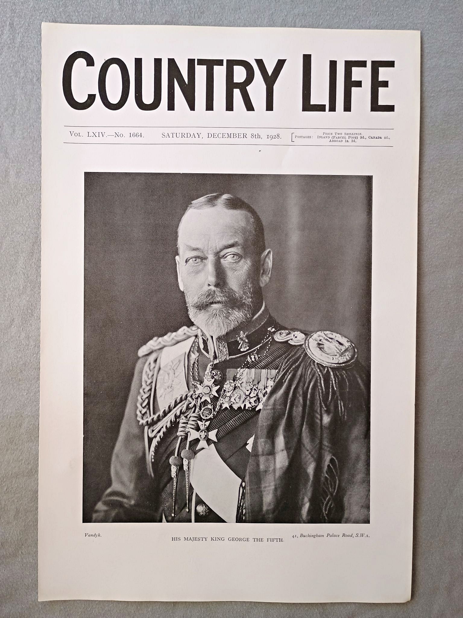 His Majesty King George V Country Life Magazine Portrait, Frontispiece, December 8 1928. LXIV No. 1664

The featured frontispiece this week is a portrait of His Majesty King George V