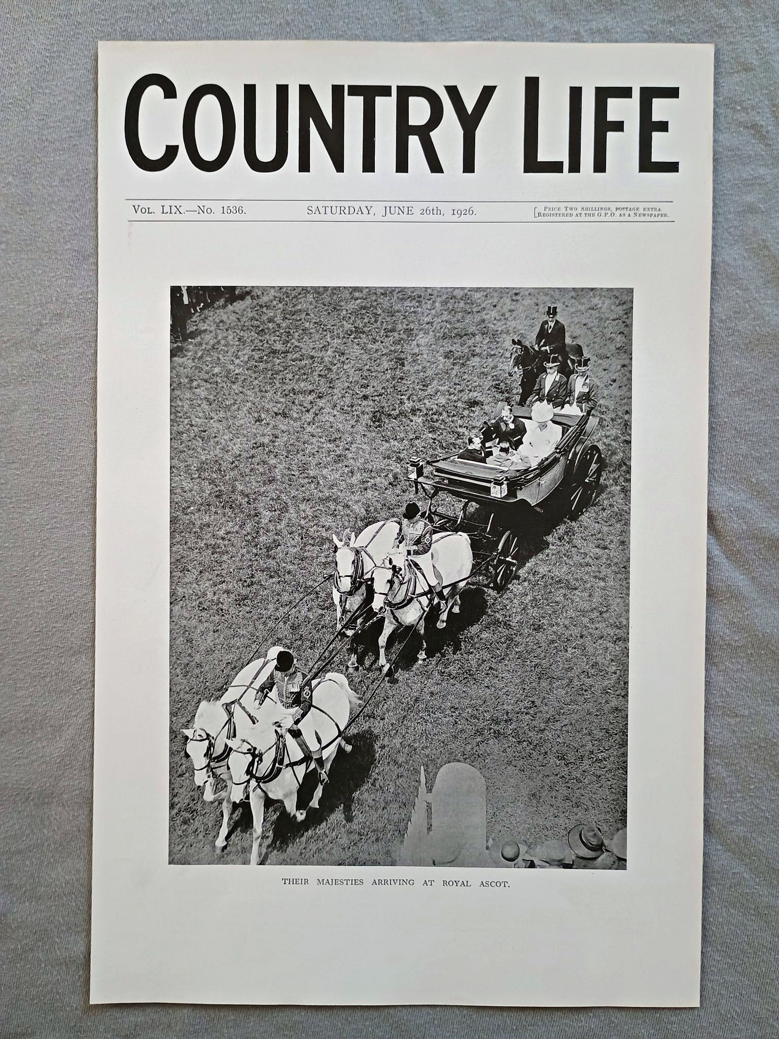 King George V and Queen Mary at Royal Ascot Country Life Magazine Portrait, Frontispiece, April 17 1926. LIX No. 1528

The featured frontispiece this week is of the King and Queen arriving at Royal Ascot
