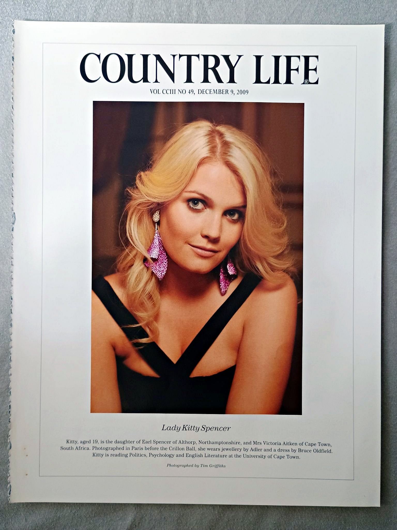 Lady Kitty Spencer - Kitty, aged 19, is the daughter of Earl Spencer of Althorp, Northamptonshire, and Mrs Victoria Aitken of Cape Town, South Africa. Photographed in Paris before the Crillon Ball, she wears jewellery by Adler and a dress by Bruce Oldfield. Kitty is reading Politics, Psychology and English Literature at the University of Cape Town.