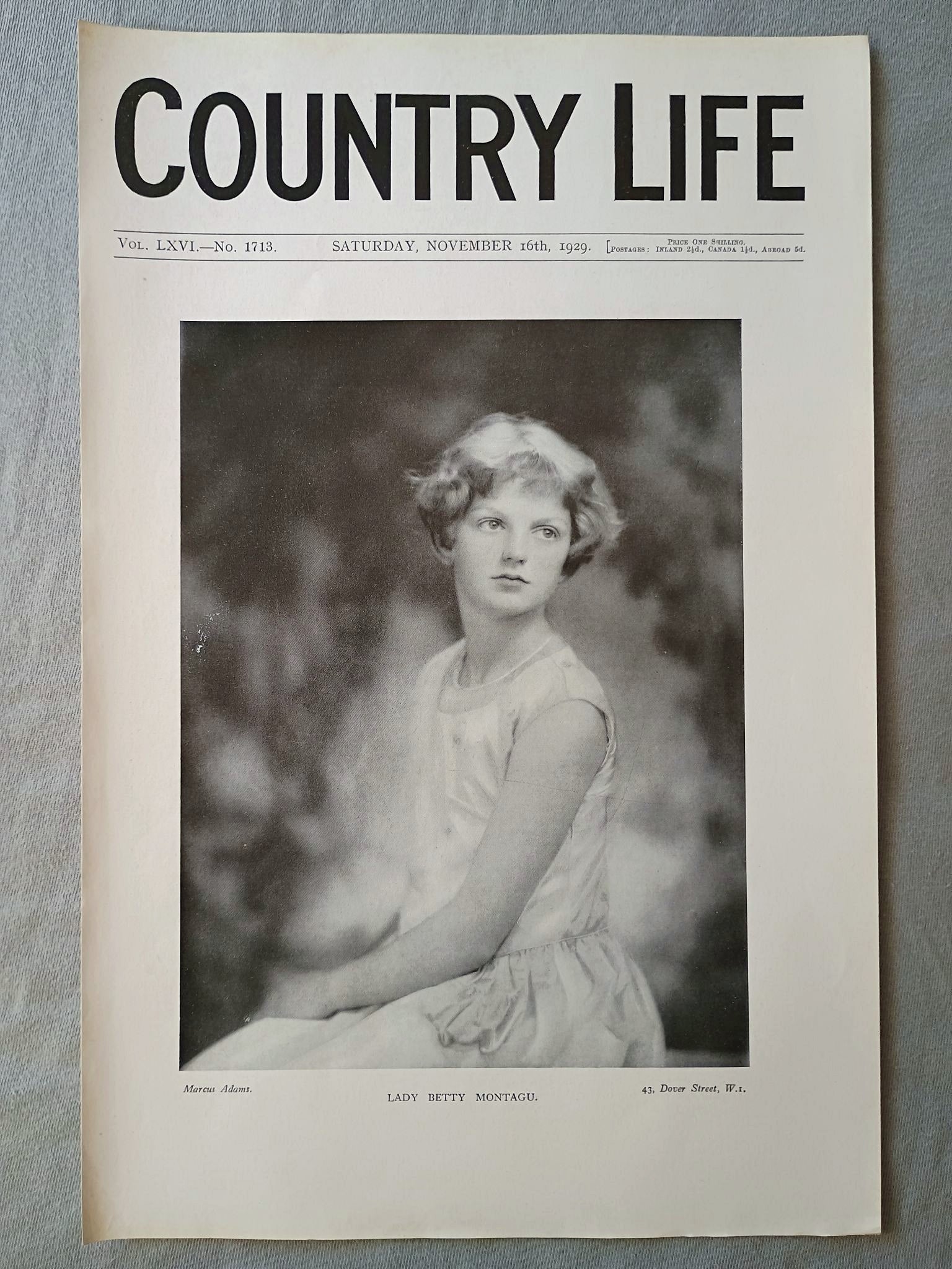 Lady Elizabeth Betty Montagu Country Life Magazine Portrait, Frontispiece, November 16 1929. LXVI No. 1713

The featured frontispiece this week is a portrait of the younger daughter of the Earl and Countess of Sandwich, Lady Betty Montagu,