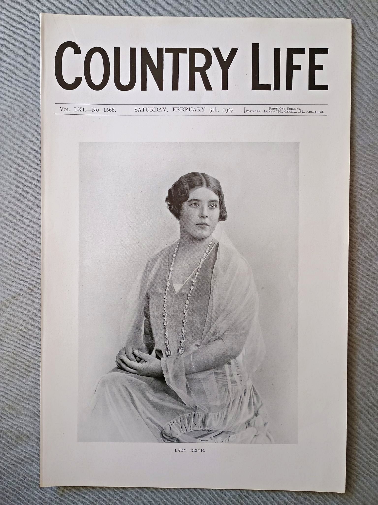 Lady Reith nee Muriel Katharine Odham Country Life Magazine Portrait, Frontispiece, February 5 1927. LXI No. 1568

The featured frontispiece this week is a portrait of Lady Reith, the wife of Sir John Reith