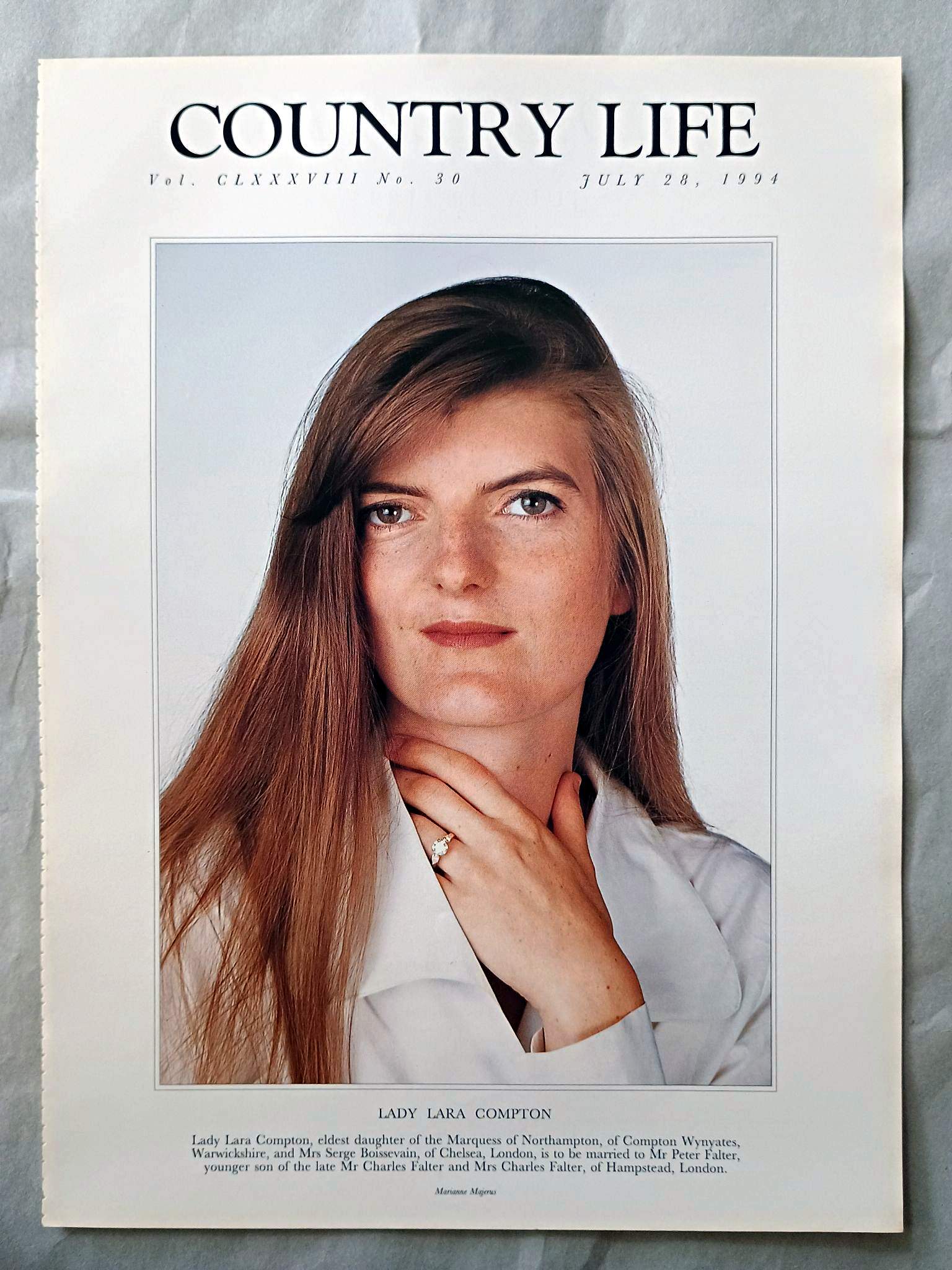 Lady Lara Compton Country Life Magazine Portrait July 28, 1994. CLXXXVIII No. 30

Lady Lara Compton, eldest daughter of the Marquess of Northampton, of Compton Wynyates, Warwickshire, and Mrs Serge Boissevain, of Chelsea, London, is to be married to Mr Peter Falter, younger son of the late Mr Charles Falter and Mrs Charles Falter, of Hampstead, London.
