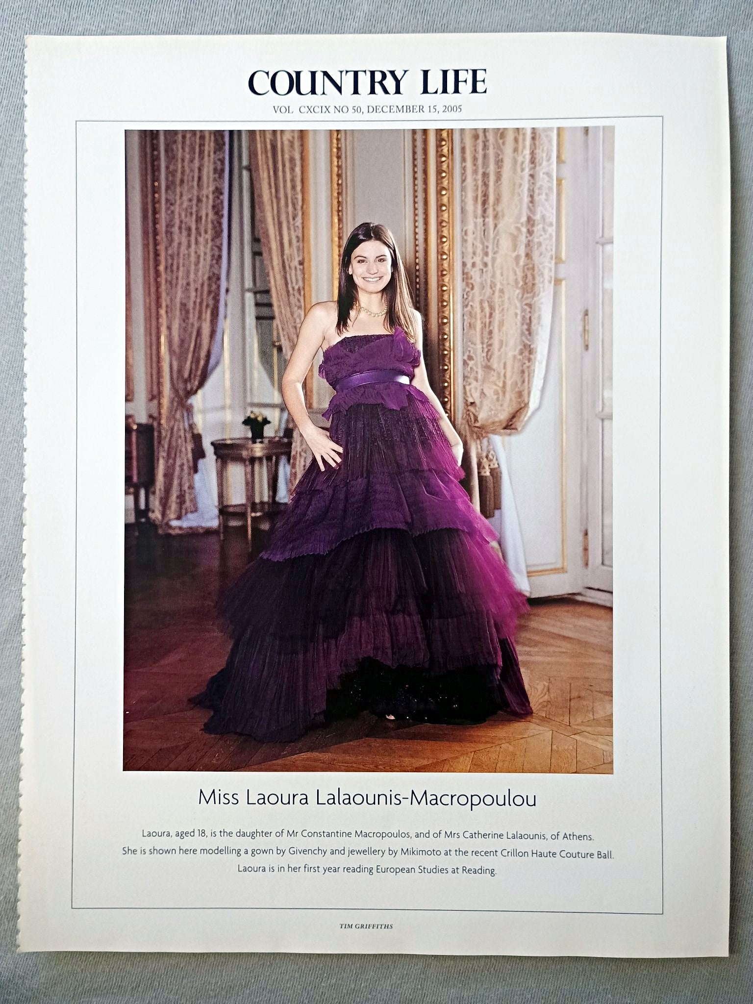 Miss Laoura Lalaounis-Macropoulou - Laoura, aged 18, is the daughter of Mr Constantine Macropoulos, and of Mrs Catherine Lalaounis, of Athens. She is shown here modelling a gown by Givenchy and jewellery by Mikimoto at the recent Crillon Haute Couture Ball. Laoura is in her first year reading European Studies at Reading.
