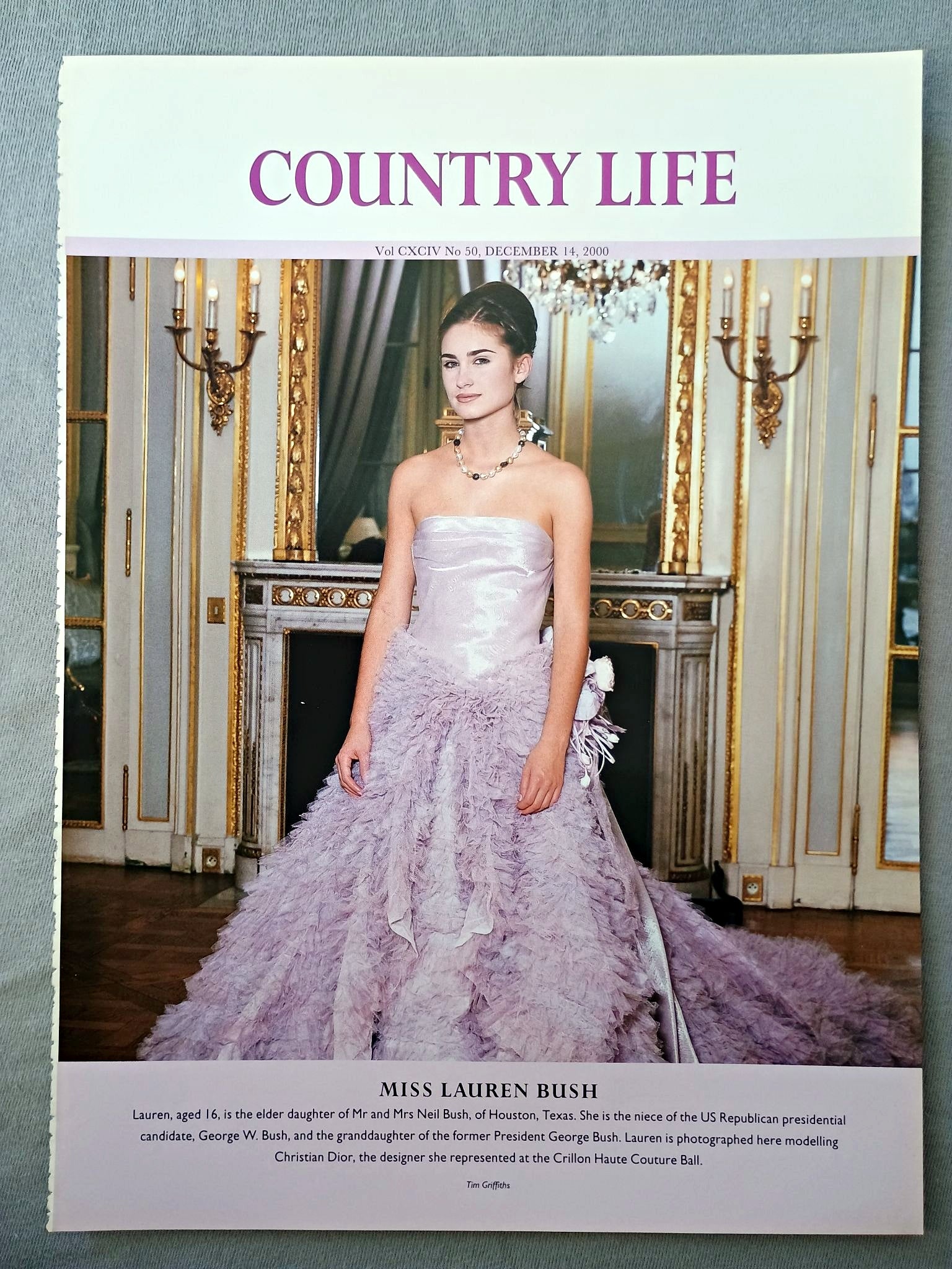 Miss Lauren Bush - Lauren, aged 16, is the elder daughter of Mr and Mrs Neil Bush, of Houston, Texas. She is the niece of the US Republican presidential candidate, George W. Bush, and the granddaughter of the former President George Bush. Lauren is photographed here modelling Christian Dior, the designer she represented at the Crillon Haute Couture Ball.