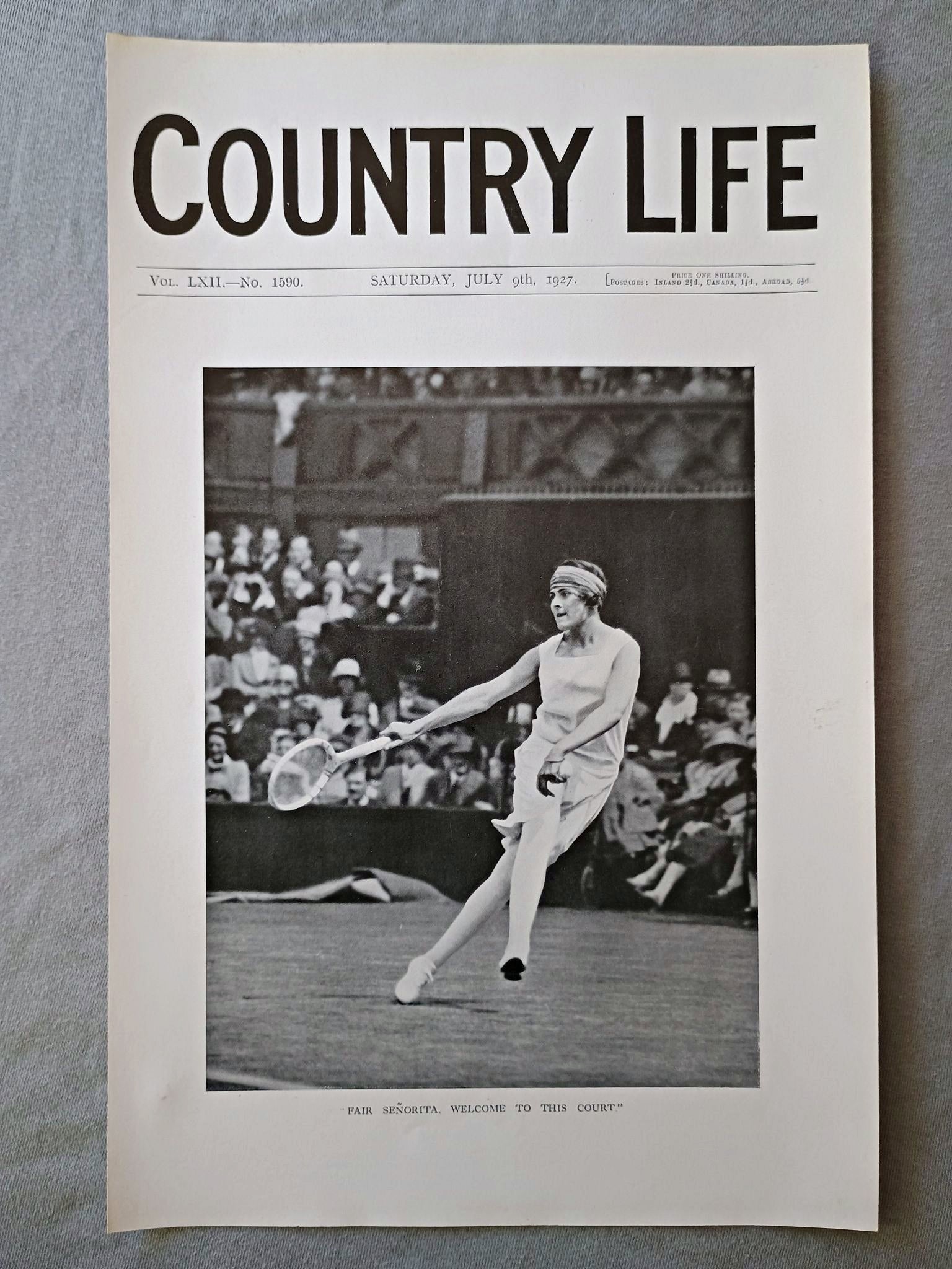 Lilí de Álvarez Country Life Magazine Portrait, Frontispiece, July 9 1927. LXII No. 1590

The featured frontispiece this week is from a very happy snapshot of Señorita de Alvarez, one of the most popular heroines of Wimbledon