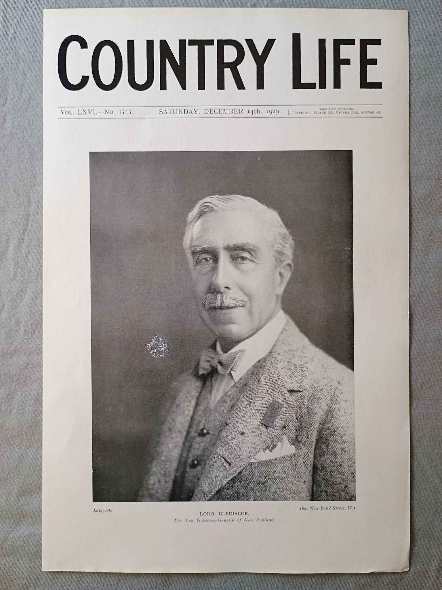Lord Bledisloe, Charles Bathurst Country Life Magazine Portrait, Frontispiece, December 14 1929. LXVI No. 1717

The featured frontispiece this week is a portrait of Lord Bledisloe, who has recently been appointed Governor-General of New Zealand