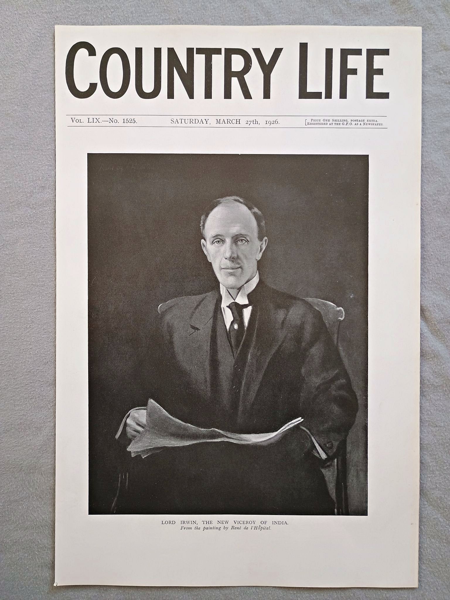 Lord Irwin, Edward Frederick Lindley Wood Country Life Magazine Portrait, Frontispiece, March 27 1926. LIX No. 1525

The featured frontispiece this week is from a portrait of Lord Irwin, who is now on his way to India to take up his duties as Governor-General and Viceroy