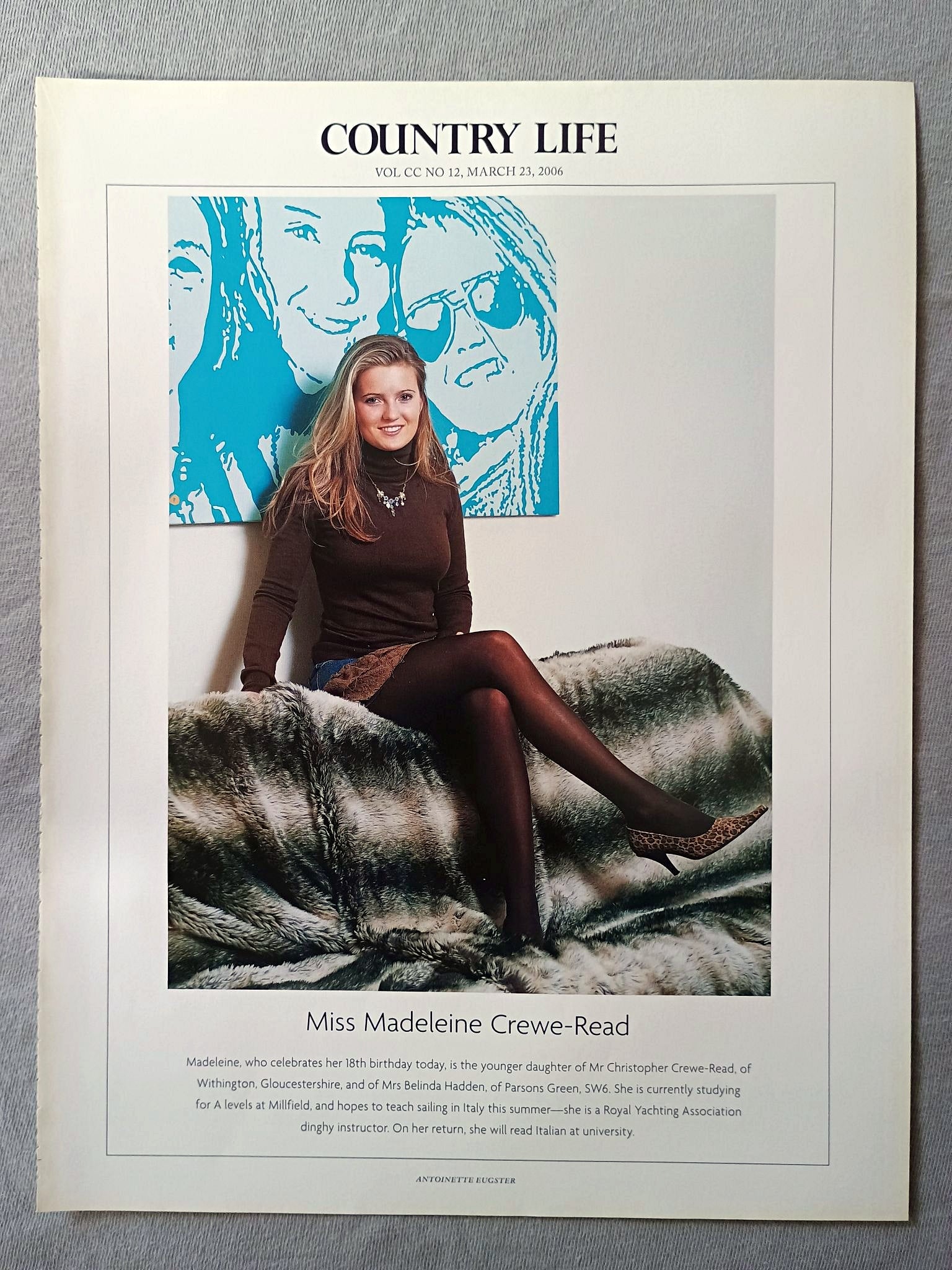 Miss Madeleine Crewe-Read - Madeleine, who celebrates her 18th birthday today, is the younger daughter of Mr Christopher Crewe-Read, of Withington, Gloucestershire, and of Mrs Belinda Hadden, of Parsons Green, SW6. She is currently studying for A levels at Millfield, and hopes to teach sailing in Italy this summer-she is a Royal Yachting Association dinghy instructor. On her return, she will read Italian at university..