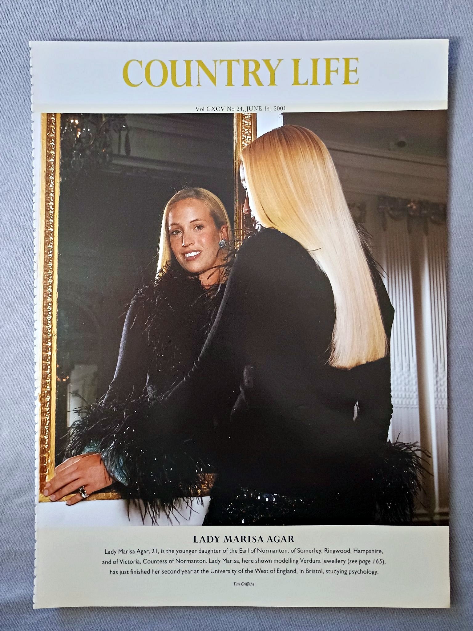 Lady Marisa Agar, 21, is the younger daughter of the Earl of Normanton, of Somerley, Ringwood, Hampshire, and of Victoria, Countess of Normanton. Lady Marisa, here shown modelling Verdura jewellery (see page 165), has just finished her second year at the University of the West of England, in Bristol, studying psychology